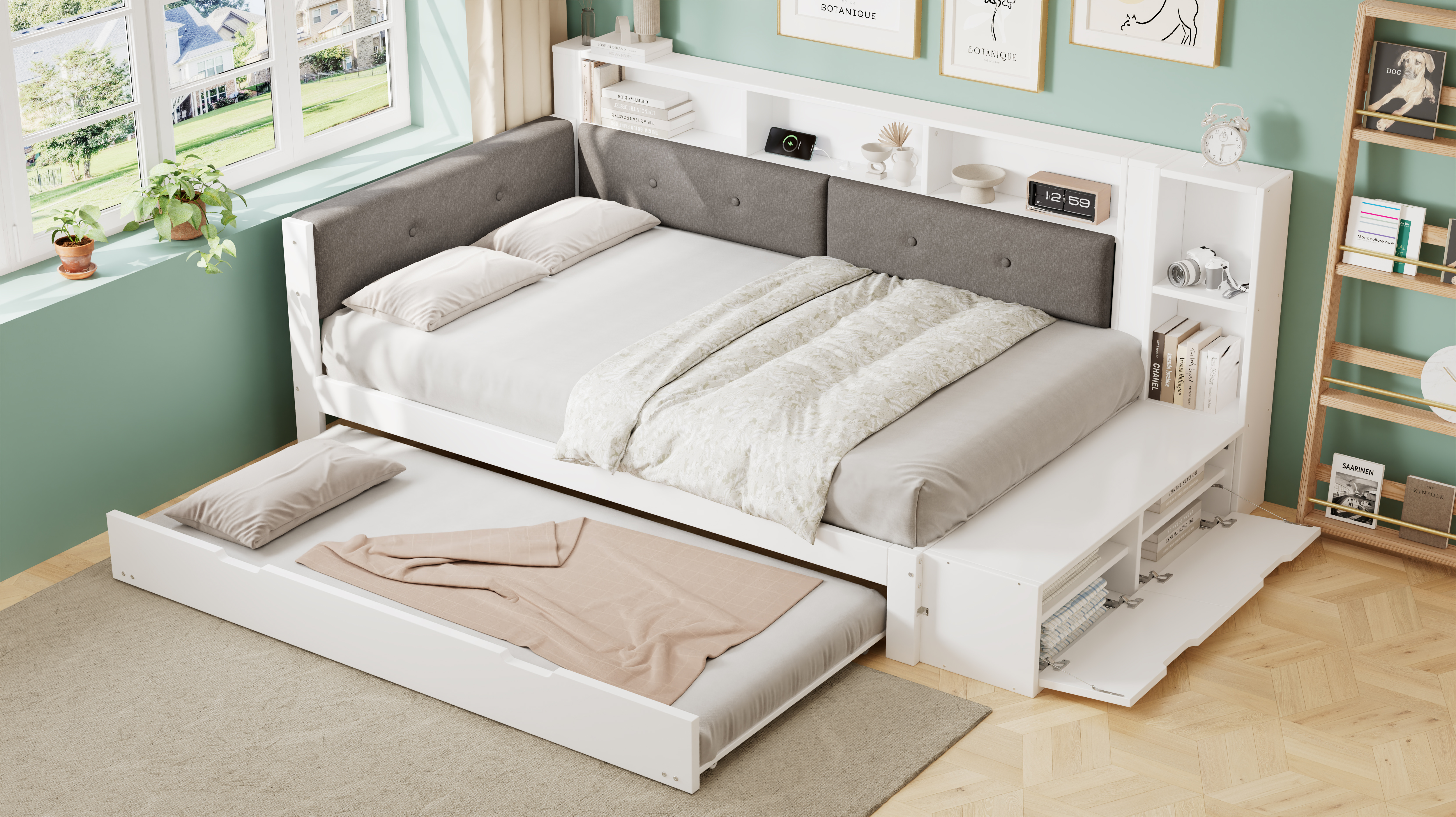 Vue d’ensemble du lit avec couchage gigogne déployé et rangements ouverts
