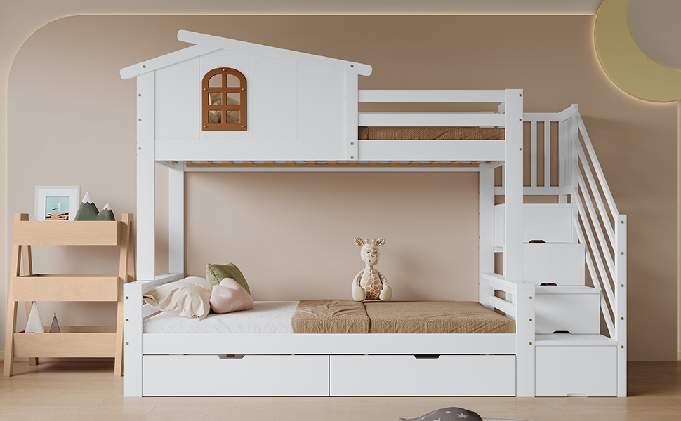 Lit superposé enfant pin/MDF/contreplaqué avec 2 tiroirs à roulettes, échelle-coffre d'angle, fenêtres exquises, pour chambre d'enfant, beaucoup de rangement, sécurité, design charmant, stabilité, durabilité - image 7