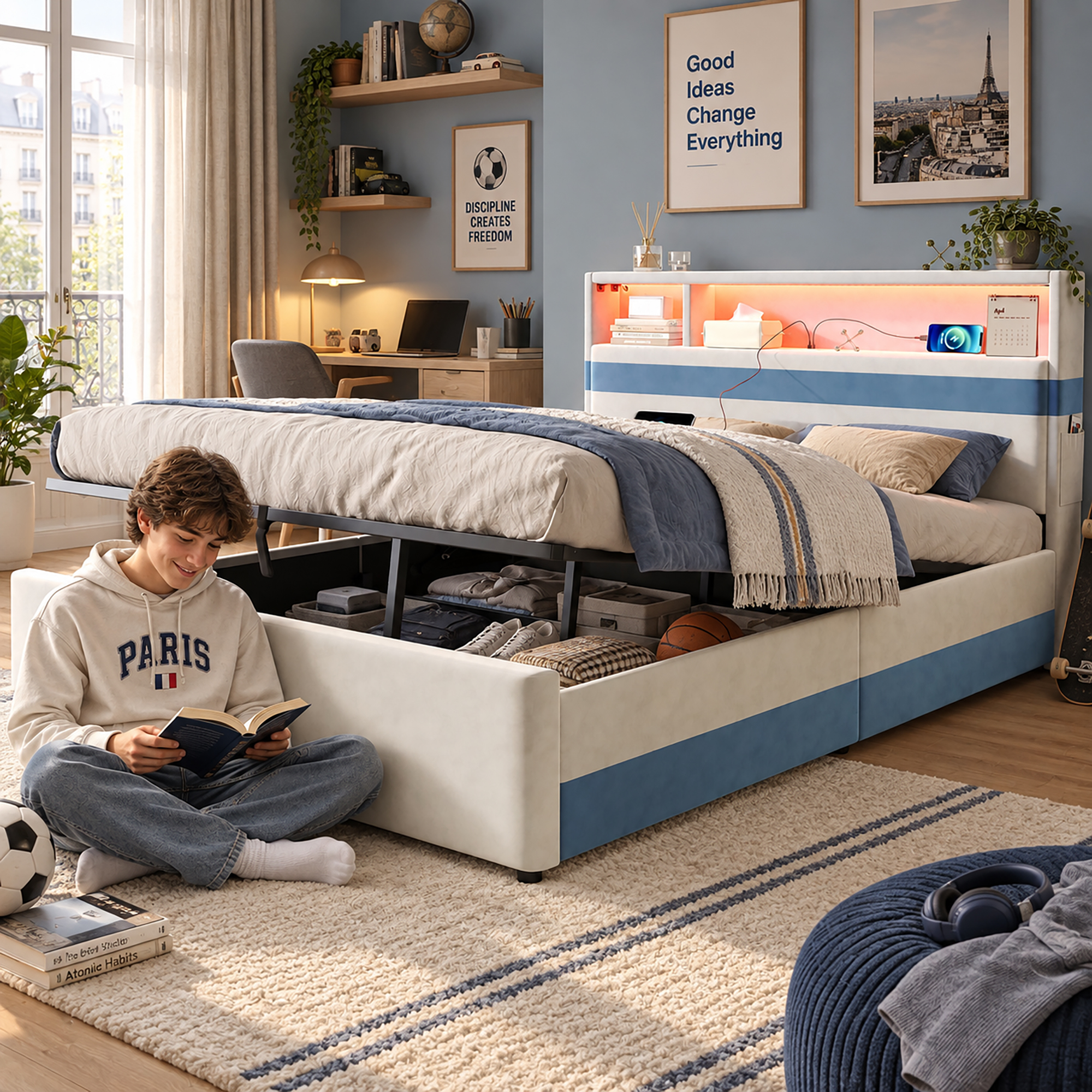 Détail du lit coffre 140 × 200 cm blanc et bleu avec led et usb