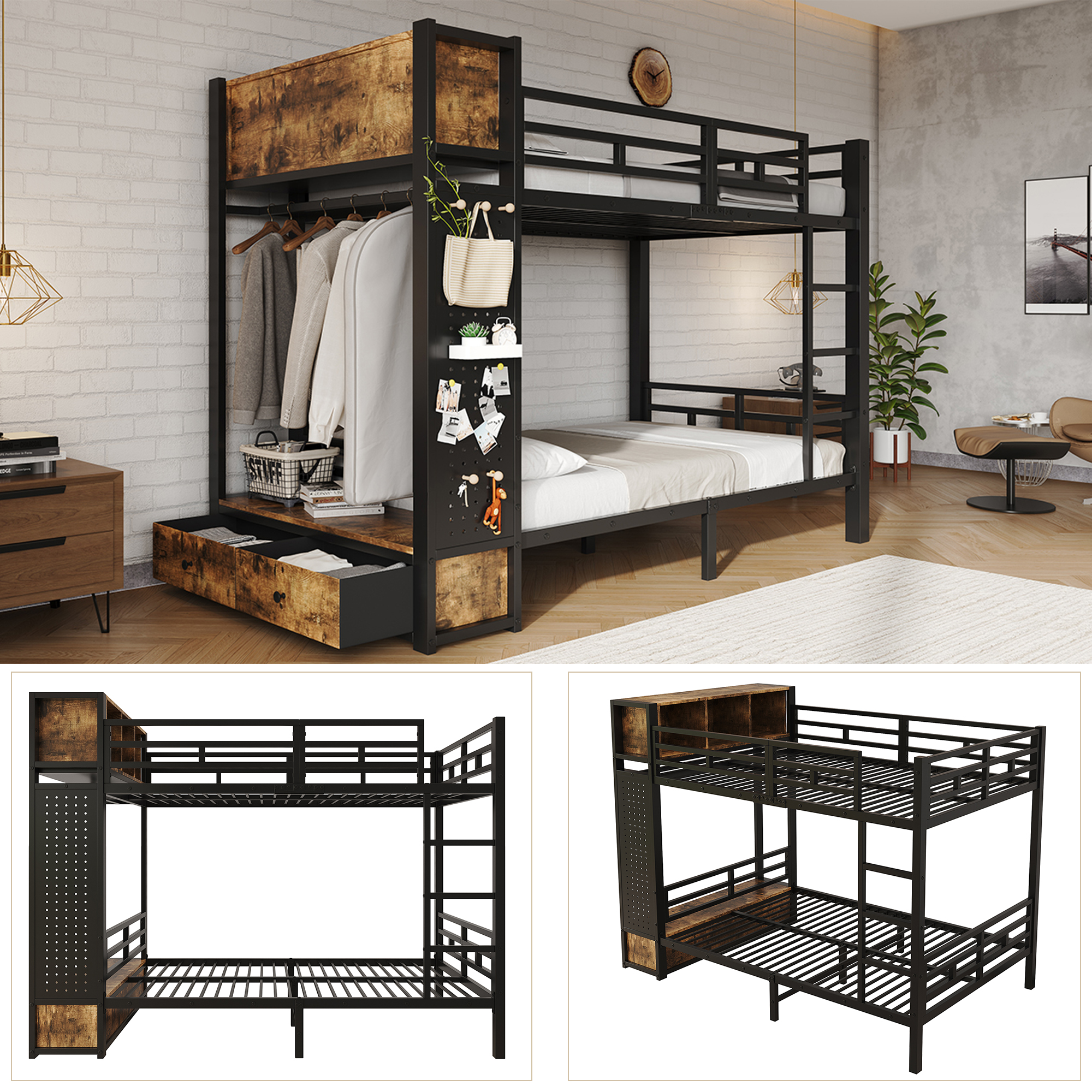 Lit superposé 120 x 200 cm / 234 x 126 cm avec LED, penderie, rangements, métal et bois, Noir et effet noyer foncé - dimensions et détails