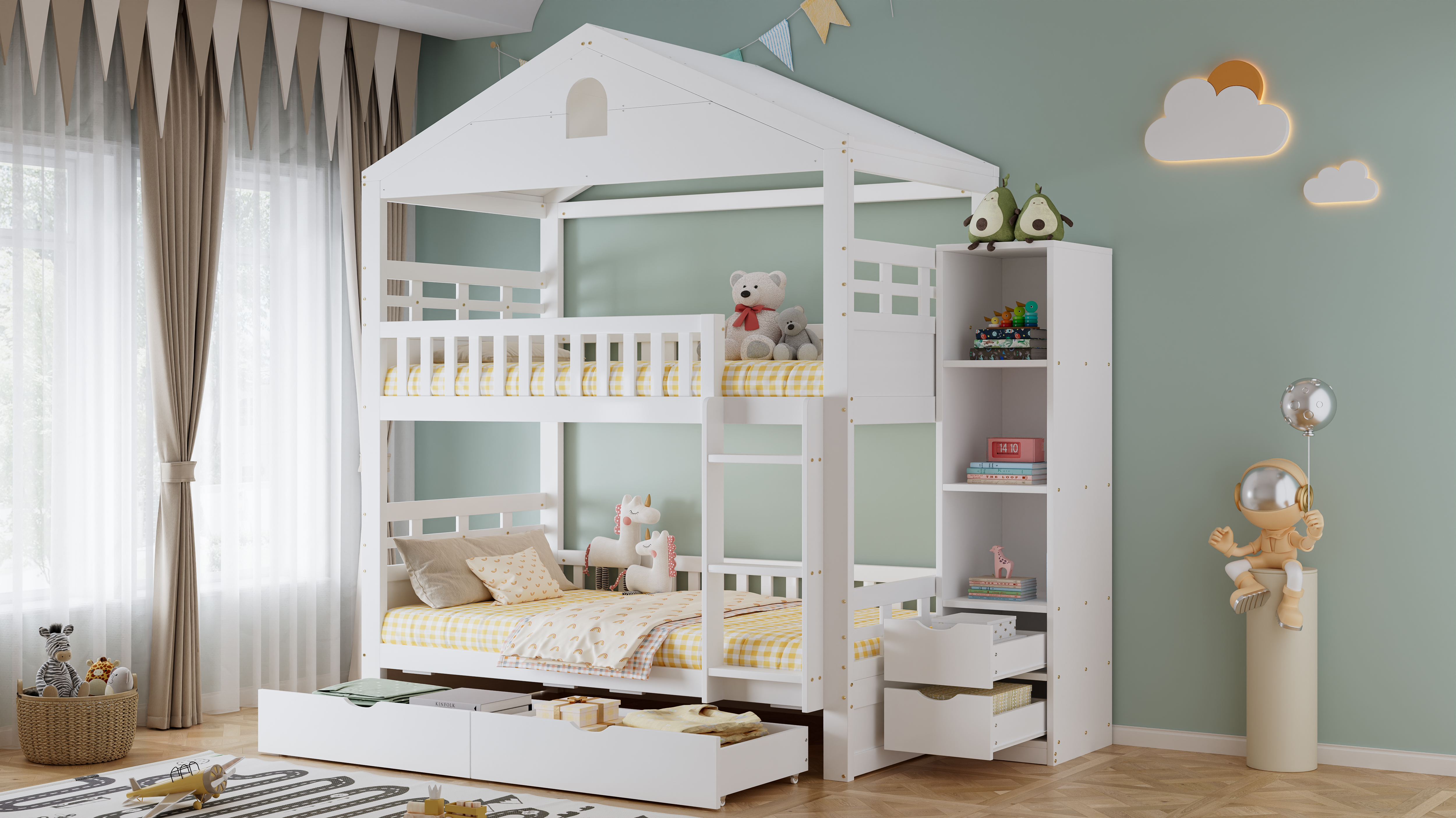 Lit superposé enfant maison blanc 90x200 cm