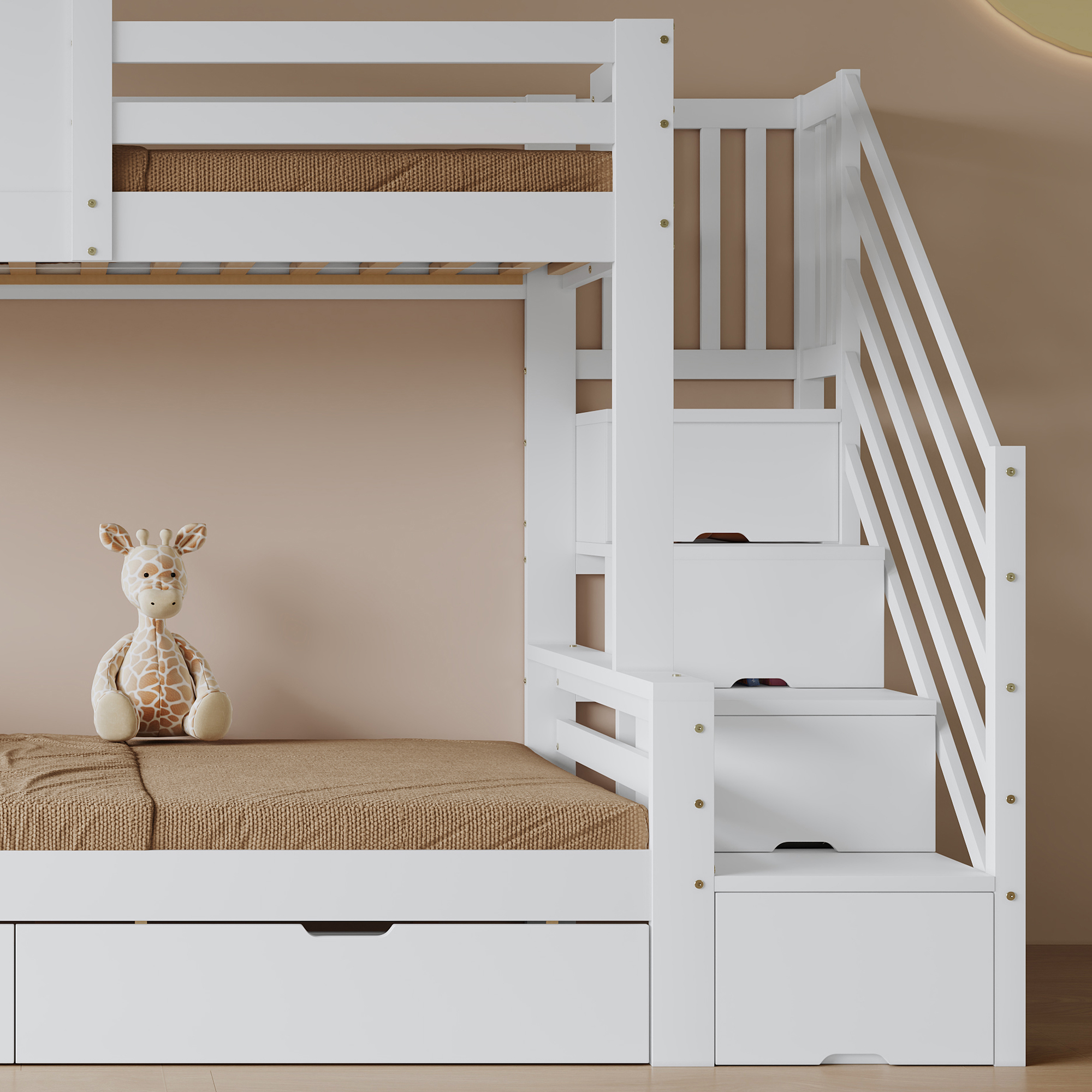 Lit superposé enfant pin/MDF/contreplaqué avec 2 tiroirs à roulettes, échelle-coffre d'angle, fenêtres exquises, pour chambre d'enfant, beaucoup de rangement, sécurité, design charmant, stabilité, durabilité - image 19