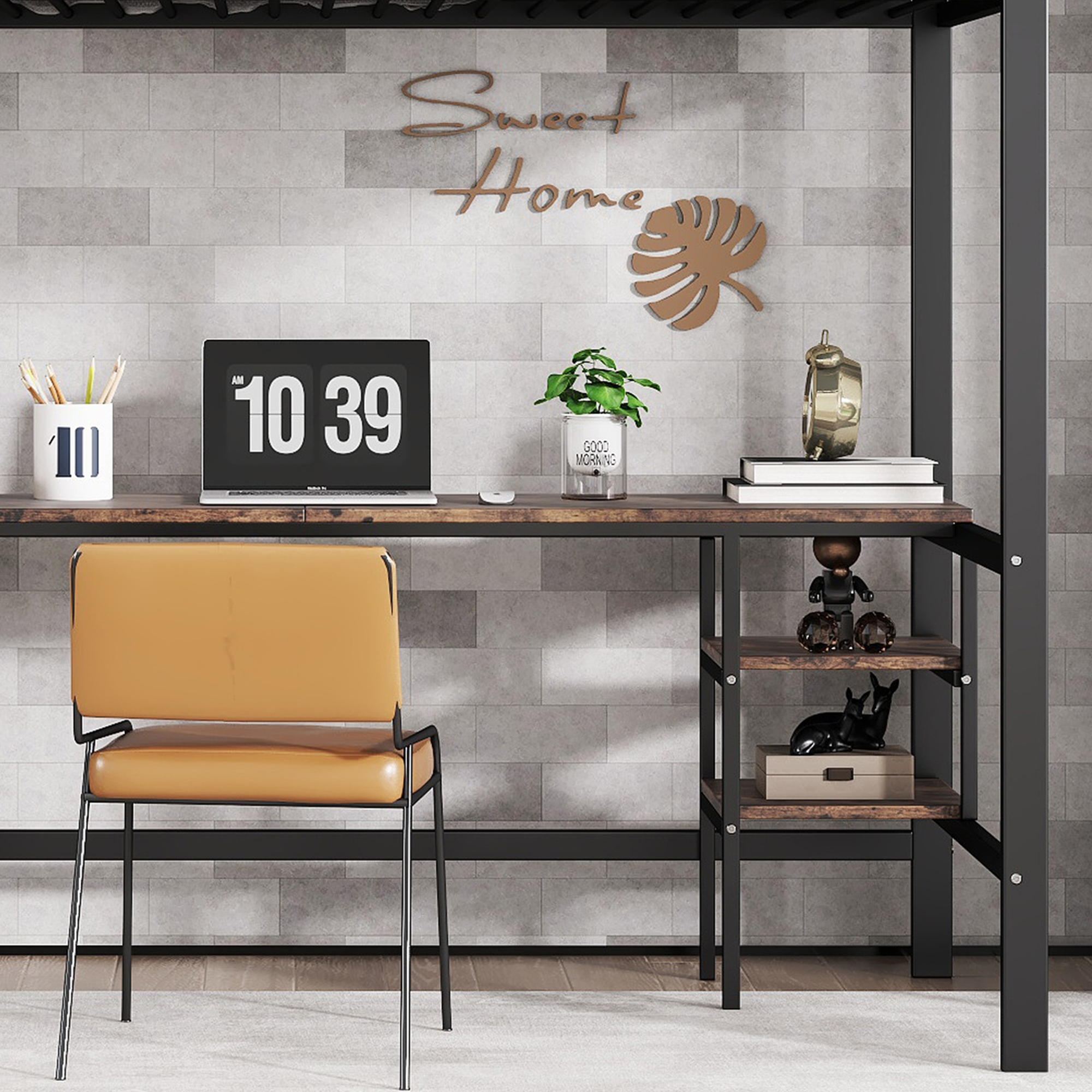 Lit superposé en fer avec échelle 4 marches, niveau inférieur transformé en espace travail et divertissement avec bureau et étagères, design polyvalent maximise l'espace, robuste et durable, pour chambre d'enfant - image 17