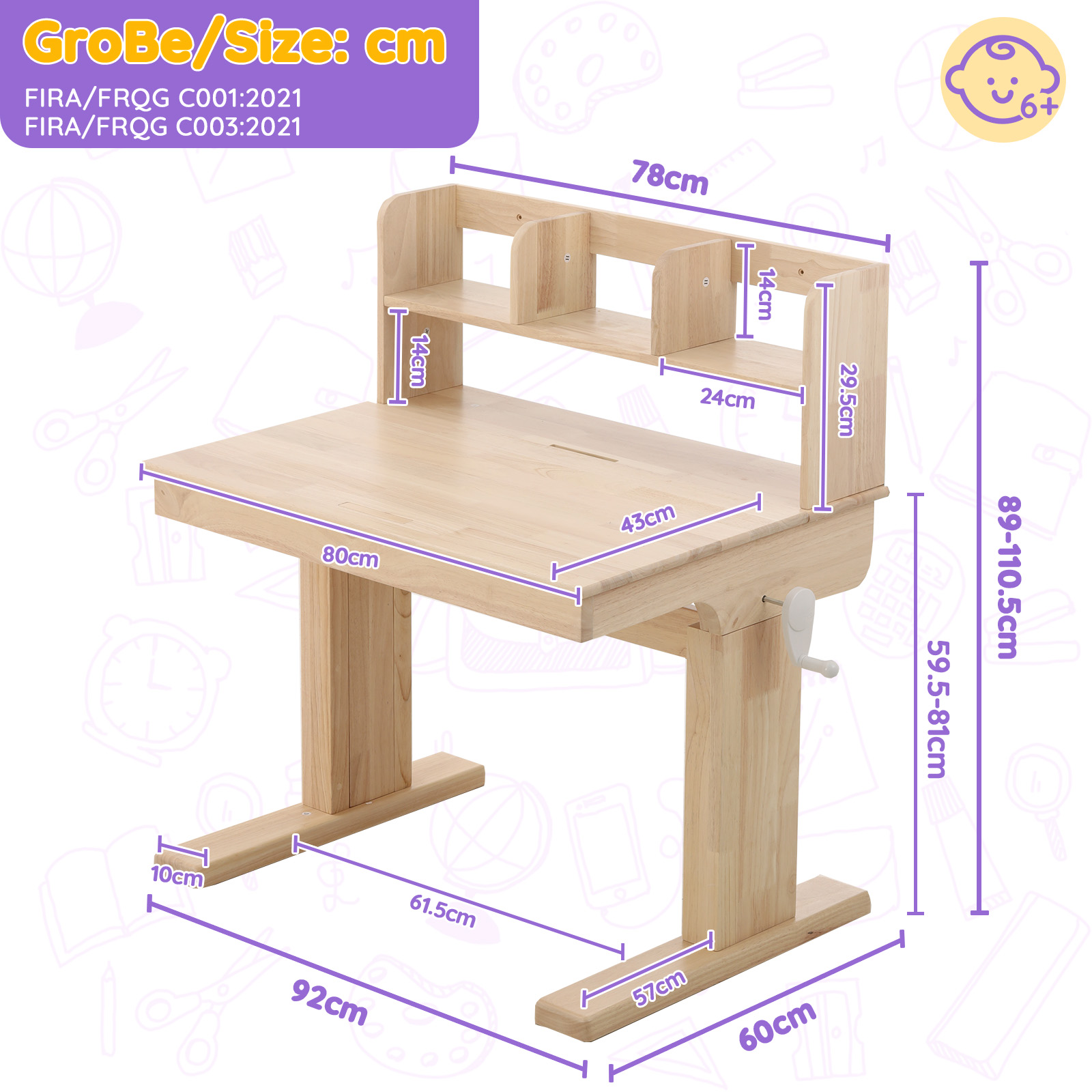 Bureau, pliable, hauteur réglable, rangement intégré, 92 x 60 x 89 cm, bois massif, bois naturel - vue 2