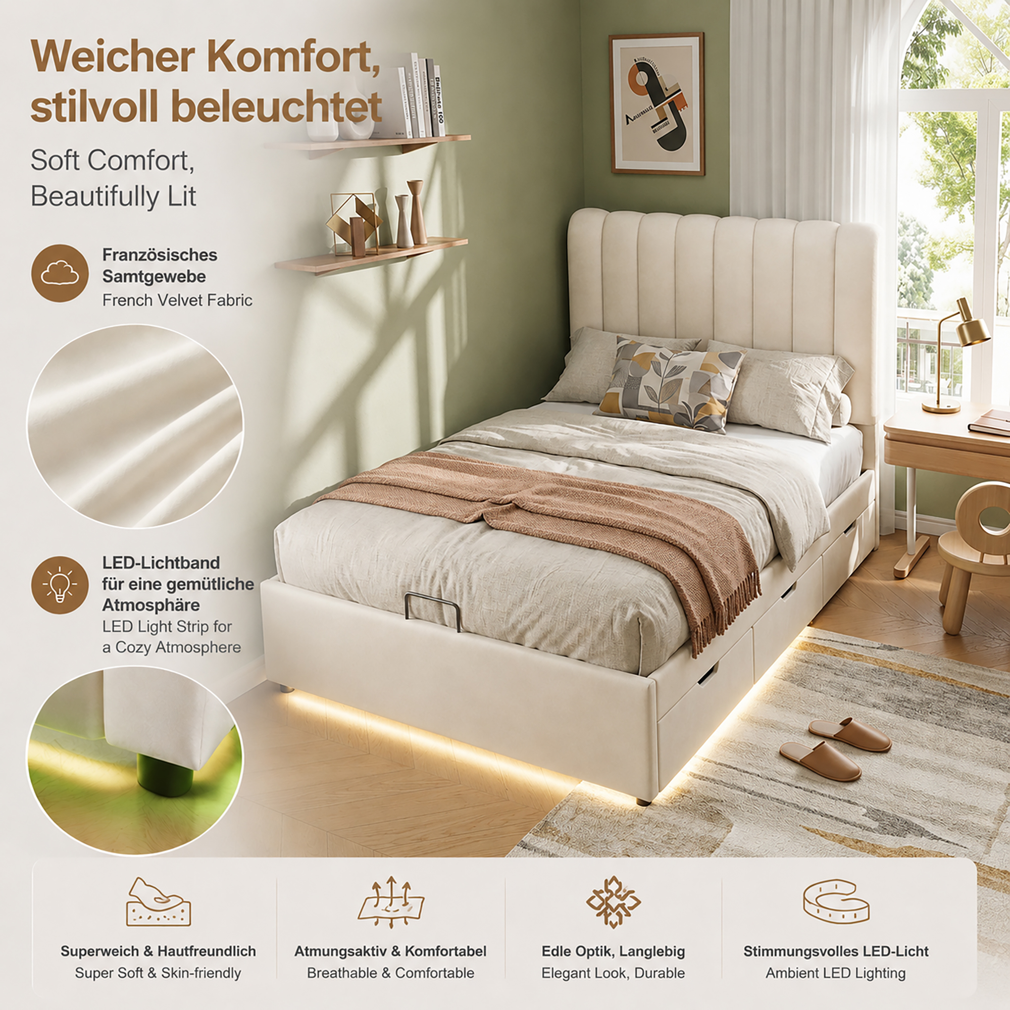 Revêtement en velours beige et rembourrage du lit