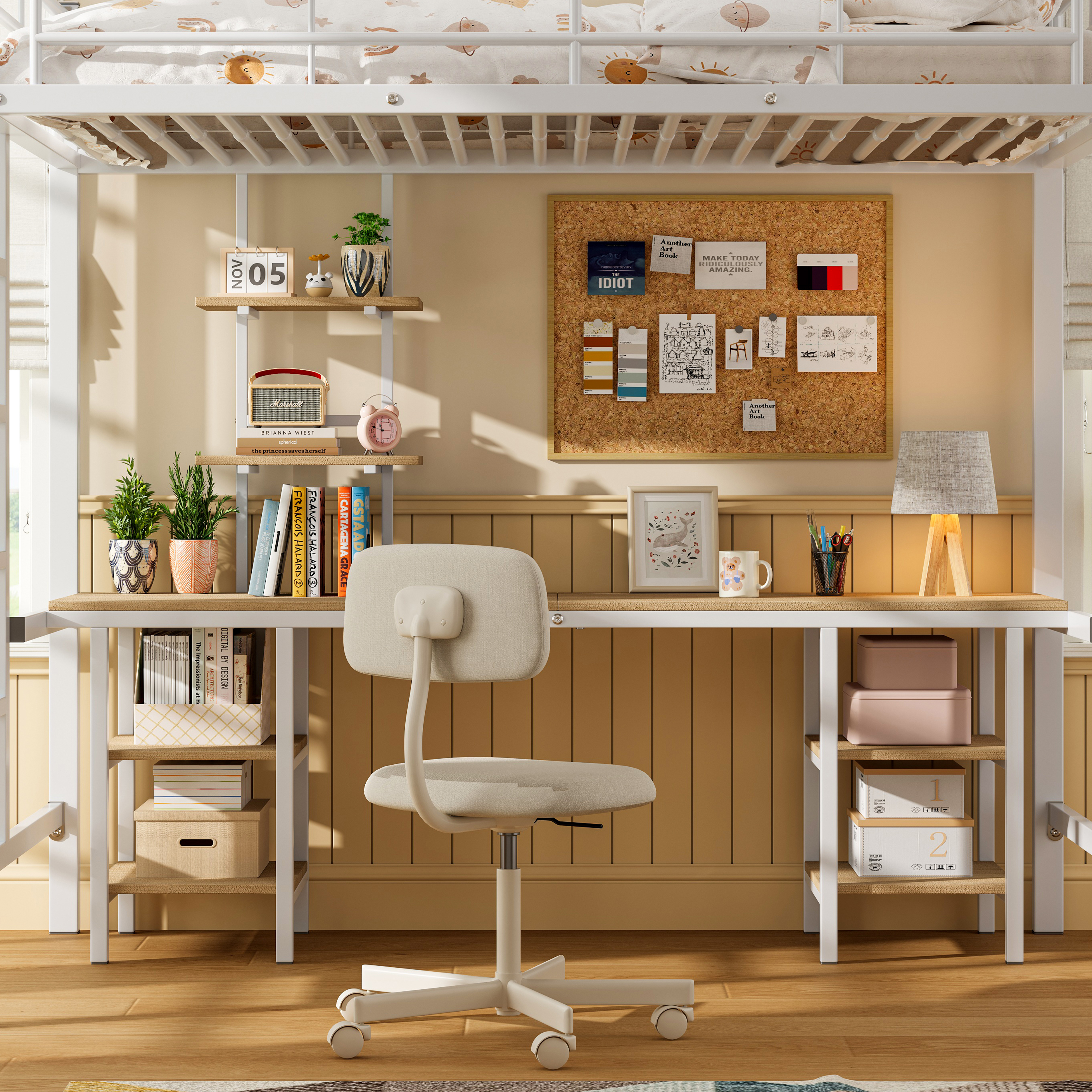 Lit superposé en fer avec bureau et étagères niveau inférieur, pour chambre d'enfant, construction robuste, design polyvalent, maximise espace, étude et jeu, stabilité, sécurité, style fonctionnel moderne - image 13