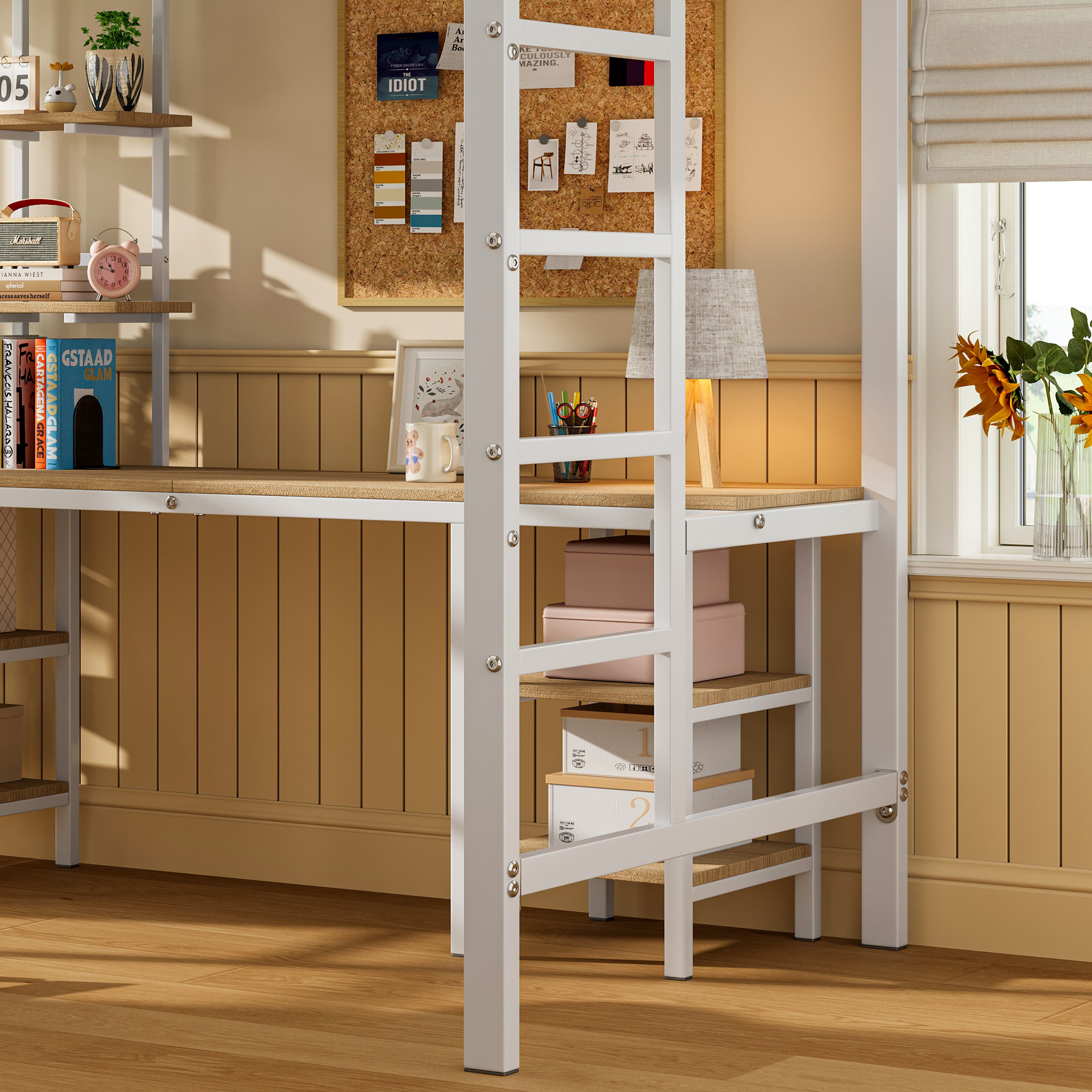 Lit superposé en fer avec bureau et étagères niveau inférieur, pour chambre d'enfant, construction robuste, design polyvalent, maximise espace, étude et jeu, stabilité, sécurité, style fonctionnel moderne - image 12
