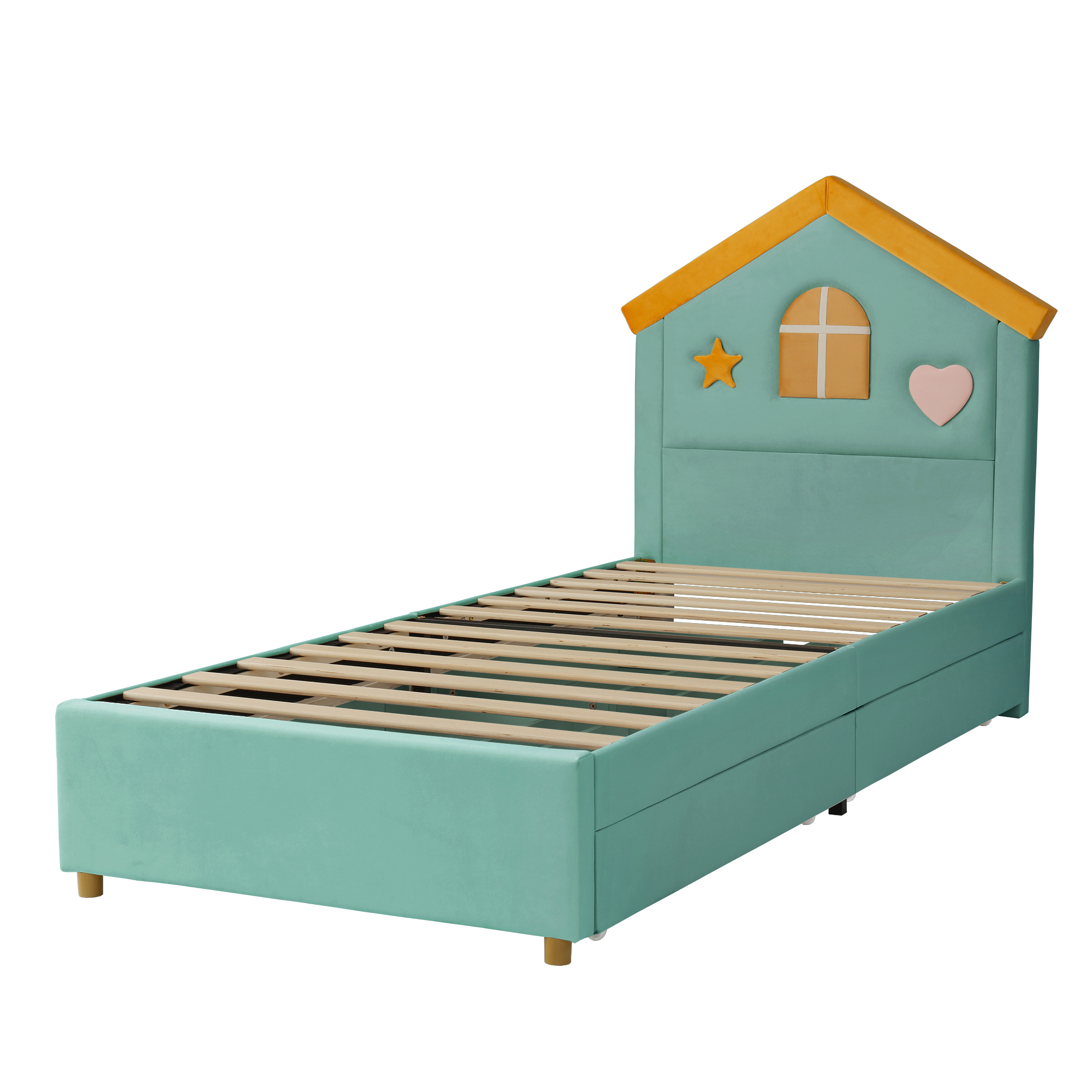 Lit cabane 90 x 200 cm avec 4 tiroirs, LED, ports de charge, velours, Bleu-vert - vue complémentaire