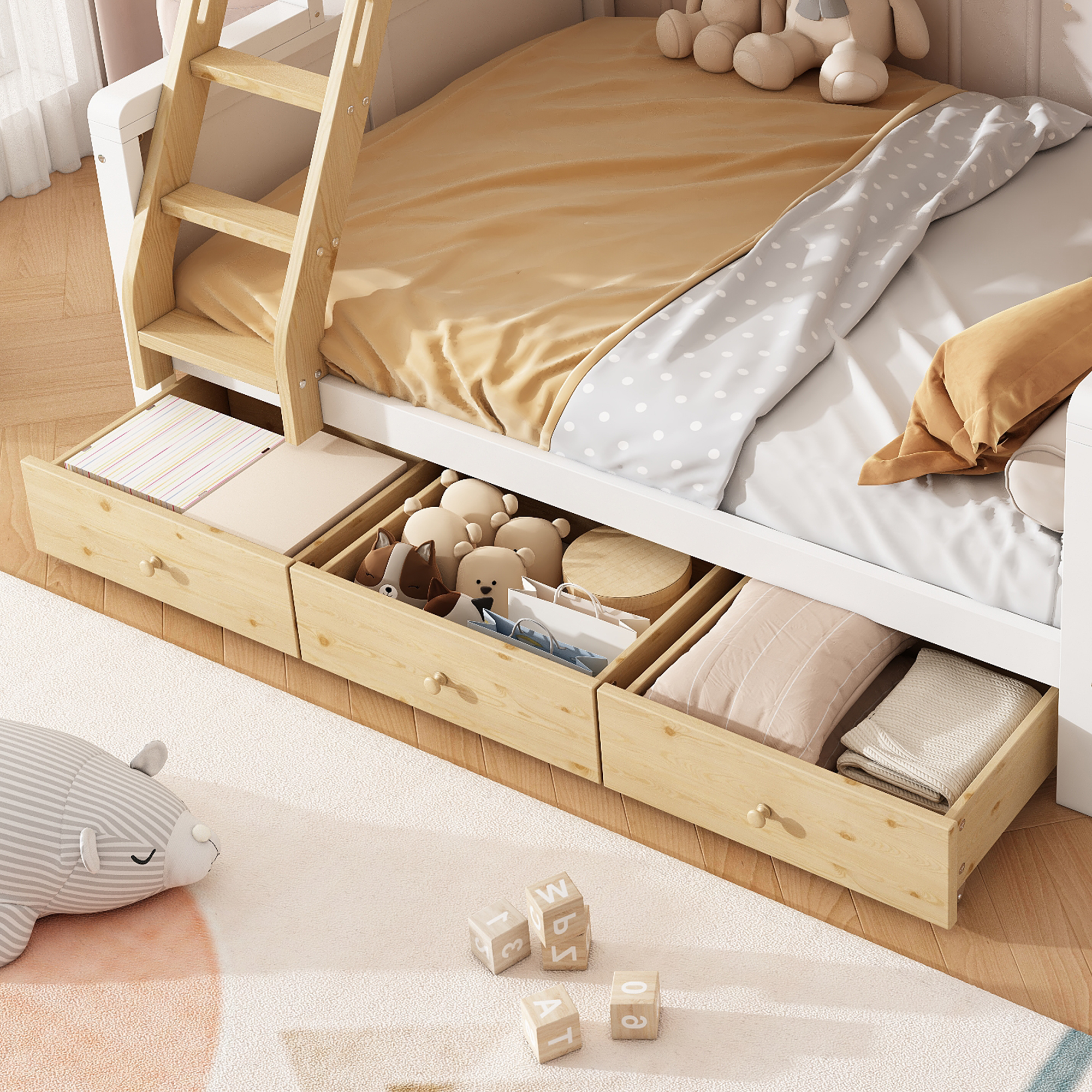 Lit superposé 90 x 200 cm / 140 x 200 cm avec 3 tiroirs, escalier avec rangement, LED, bois massif et MDF, Blanc et effet bois naturel - vue complémentaire