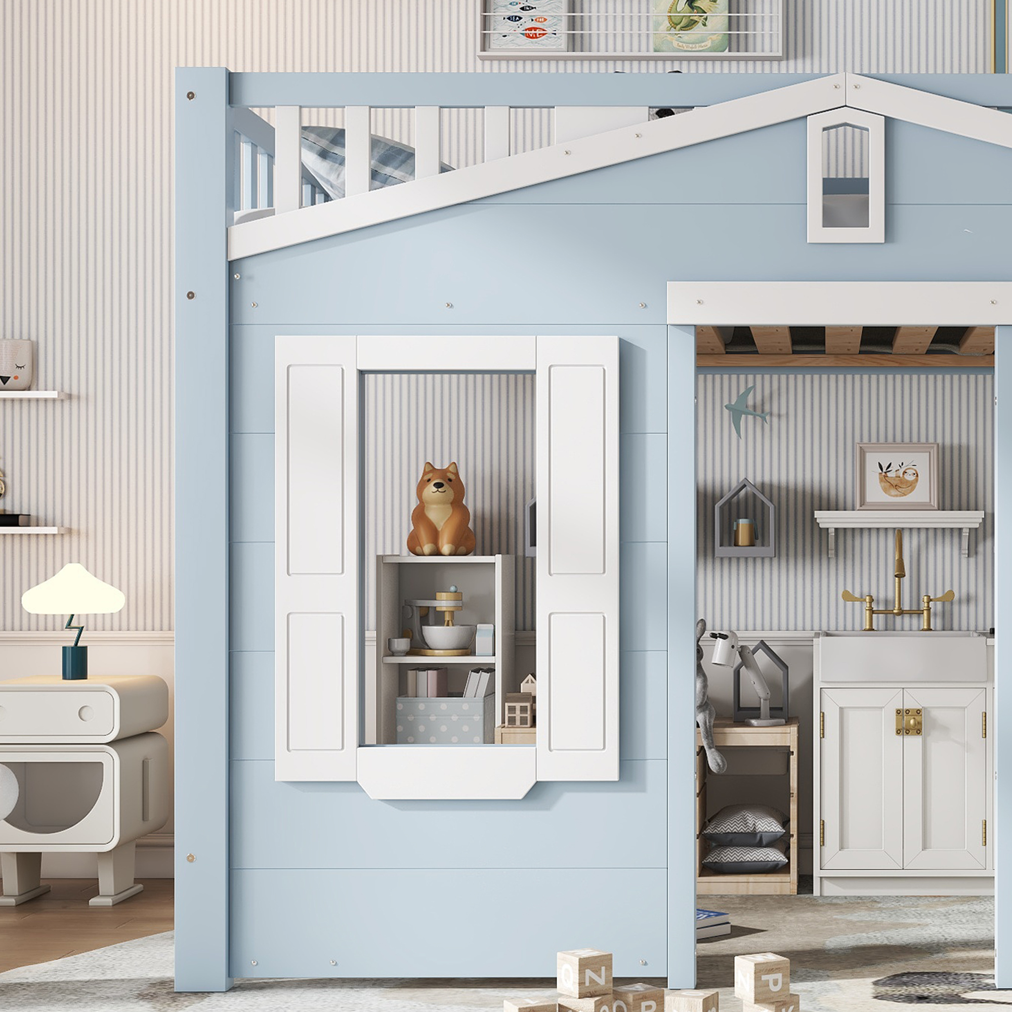 Lit mezzanine 90 x 200 cm, escalier, design cabane, espace sous le lit aménageable, bois de pin, blanc et bleu, 210 x 95 x 135 cm 🏠 - présentation 1