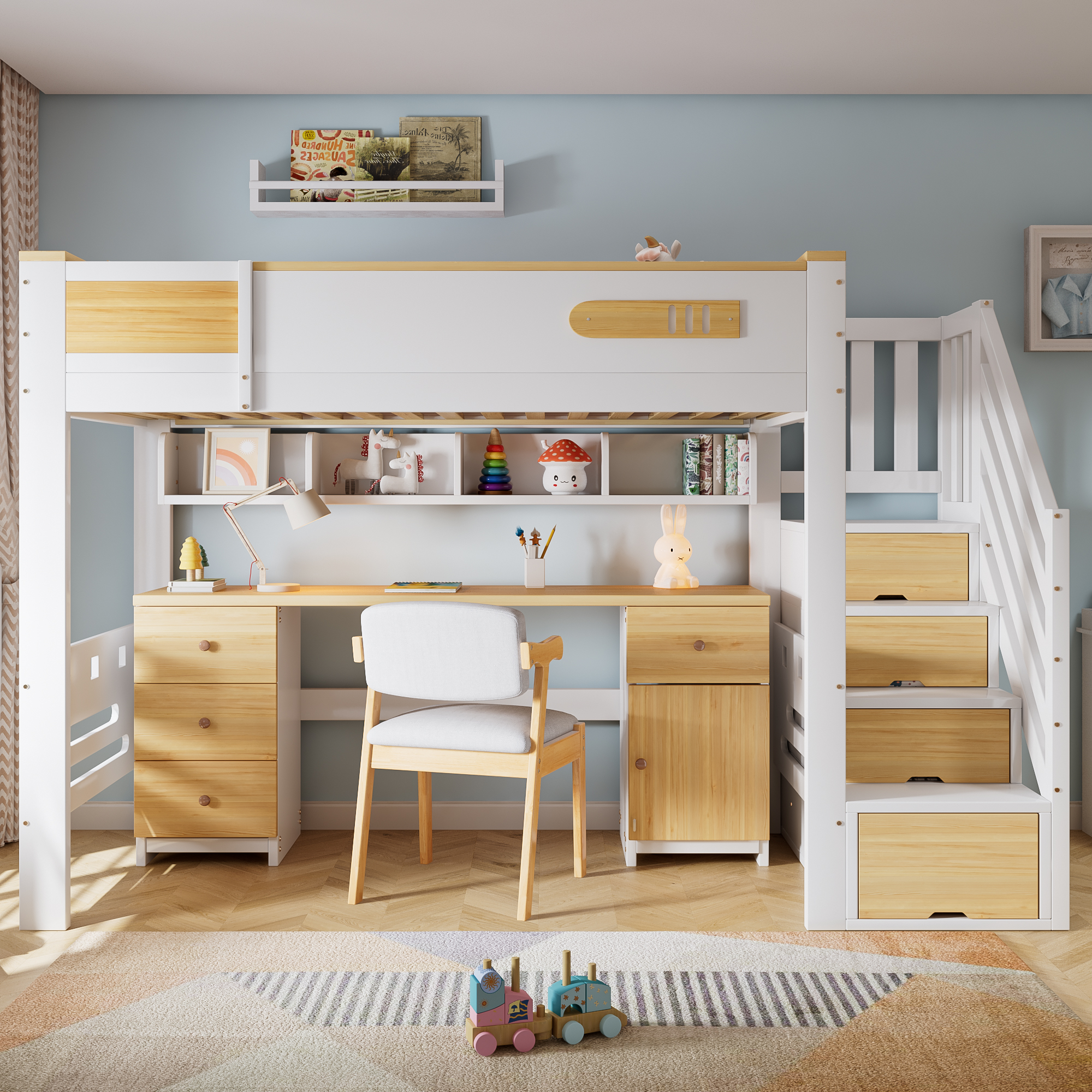 Lit mezzanine 90 x 200 cm avec bureau, escalier avec rangement, LED, rangements, bois massif et MDF, Blanc et effet bois naturel - vue principale