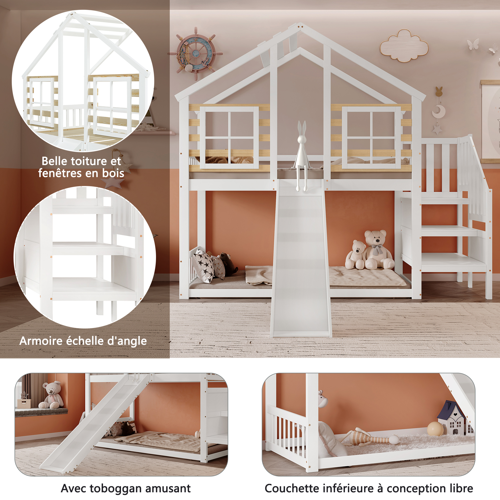 [30813839WAA] Etagenbett, Holzbett mit Treppe und 