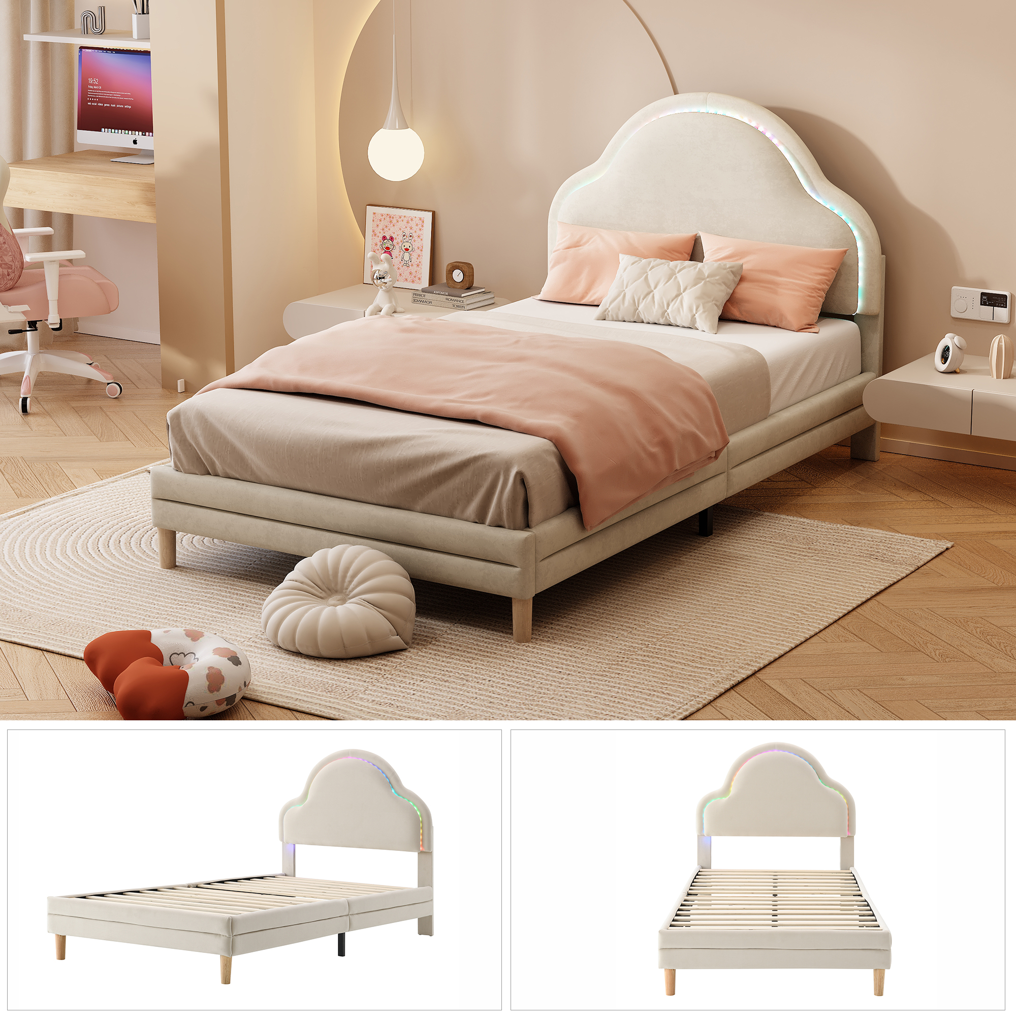 Lit capitonné en velours beige avec tête de lit nuage et LED multicolore, 90x200 cm 5