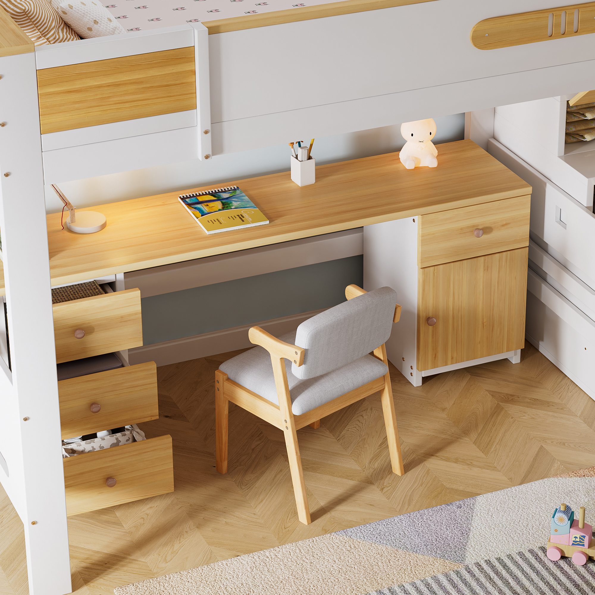 Lit mezzanine 90 x 200 cm avec bureau, escalier avec rangement, LED, rangements, bois massif et MDF, Blanc et effet bois naturel - dimensions et détails