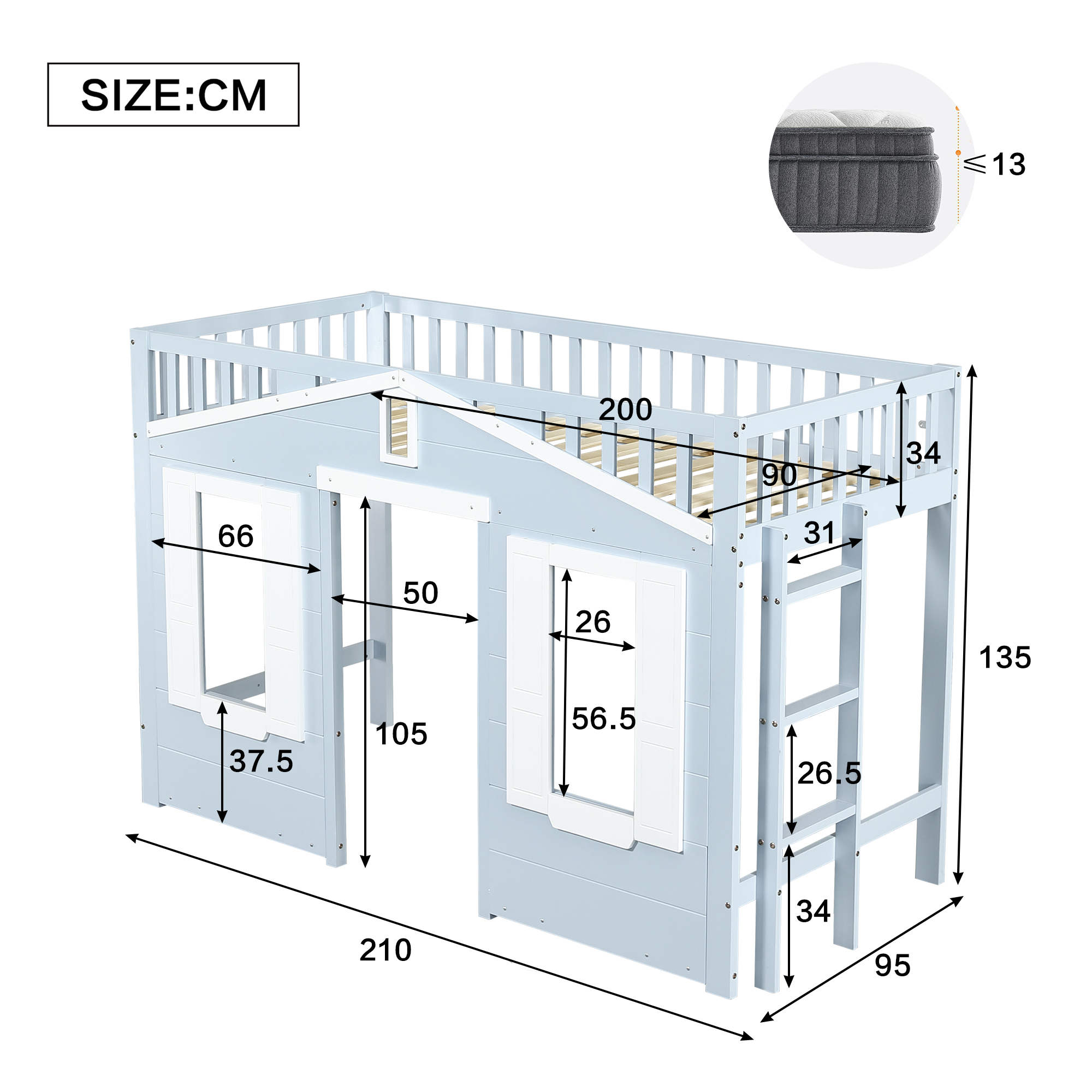 Lit mezzanine 90 x 200 cm, escalier, design cabane, espace sous le lit aménageable, bois de pin, blanc et bleu, 210 x 95 x 135 cm 🏠 - vue complémentaire 1
