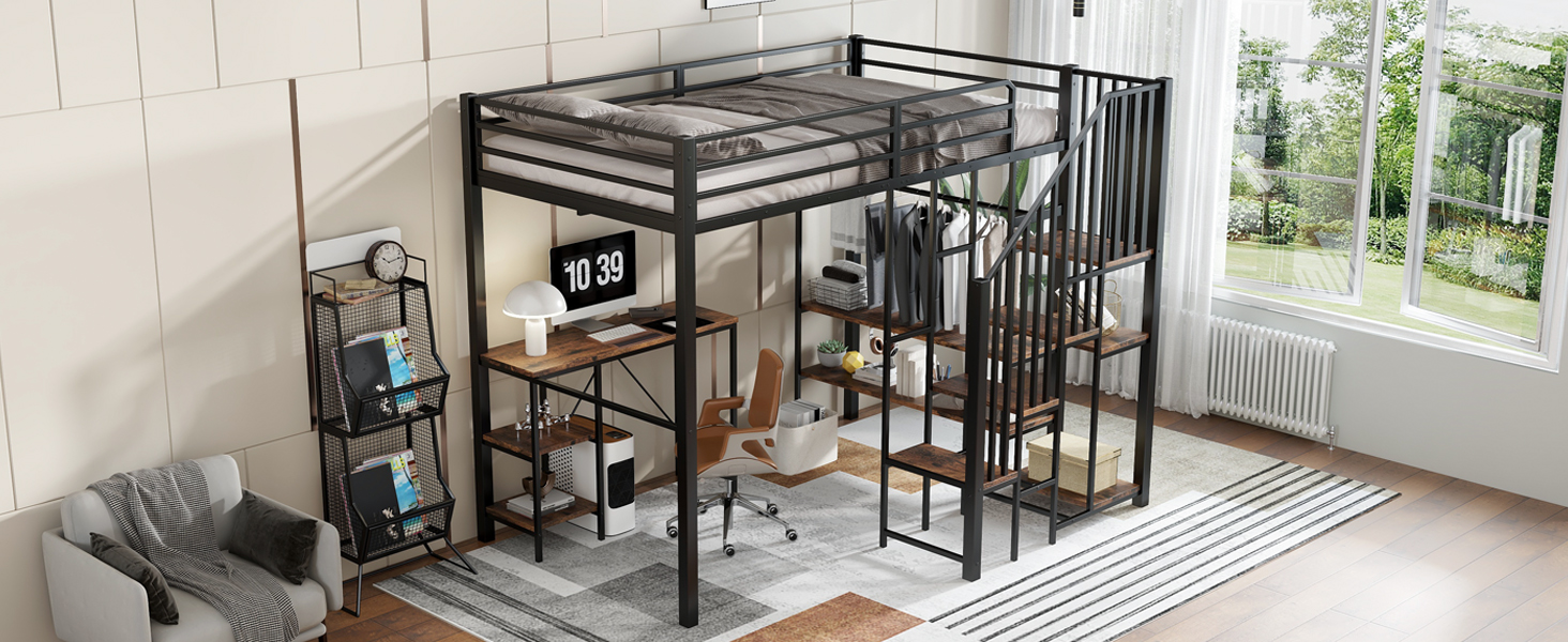 Lit mezzanine en fer avec bureau, étagères ouvertes, penderie ouverte latérale avec tringle, échelle-coffre 4 marches, pour chambre et étude, beaucoup de rangement, utilisation polyvalente, stabilité, fonctionnalité - image 10