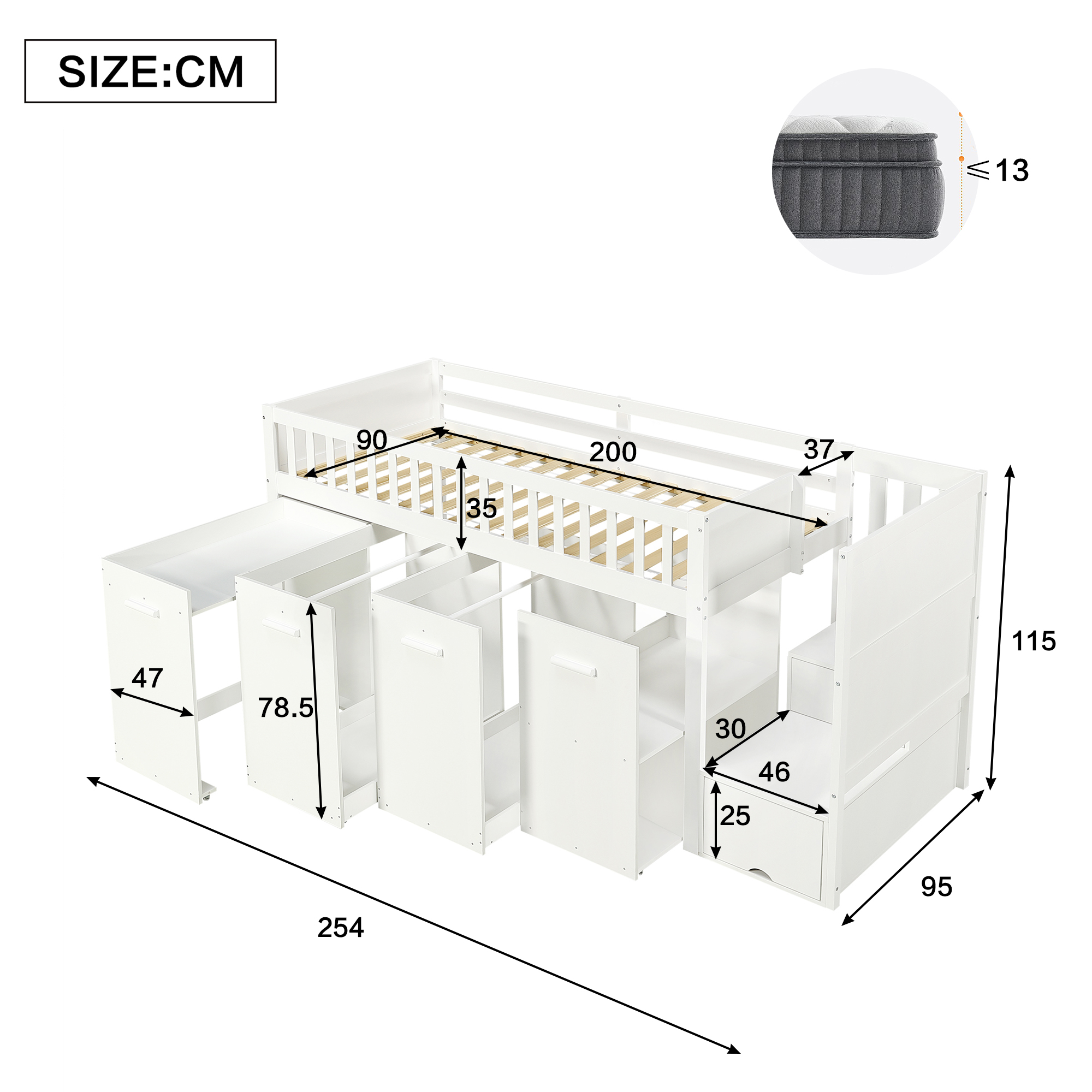 Lit superposé 90x200 cm gain de place 254x95x115 cm en bois Blanc - vue complémentaire 1