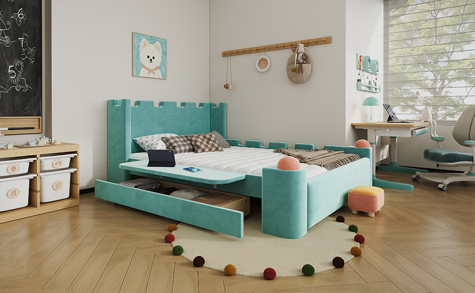 Lit enfant style château bleu-vert
