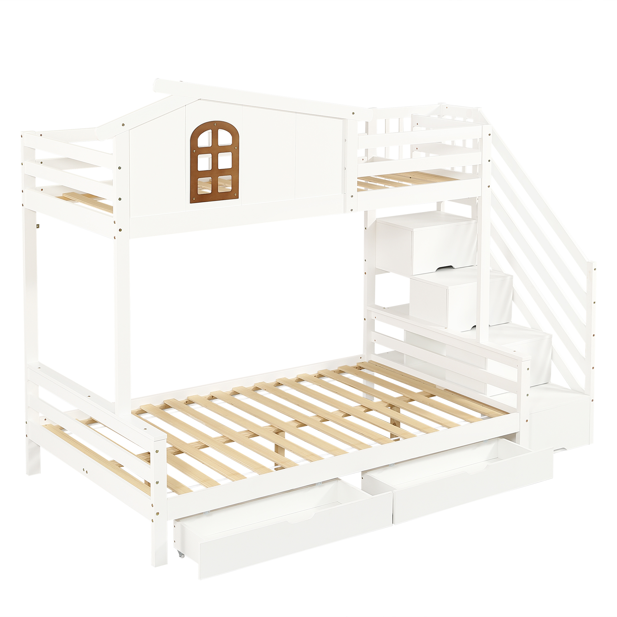 Lit superposé enfant pin/MDF/contreplaqué avec 2 tiroirs à roulettes, échelle-coffre d'angle, fenêtres exquises, pour chambre d'enfant, beaucoup de rangement, sécurité, design charmant, stabilité, durabilité - image 14