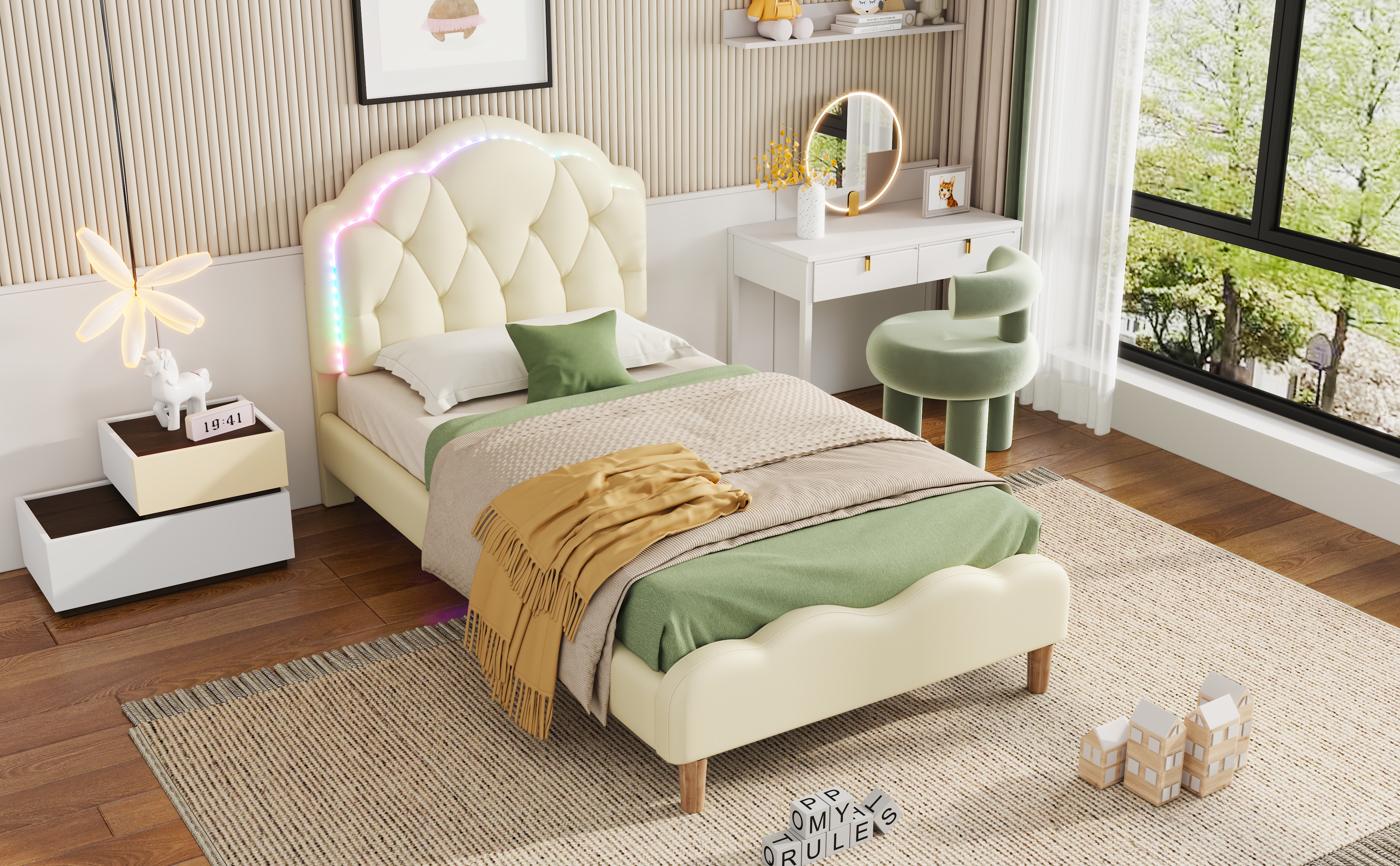 Lit enfant en PU avec LED multicolores effet course, tête ondulée avec boutons, pour chambre d'enfant, ambiance ludique, design élégant, confort, facile entretien, style moderne, fonctionnalité - image 9