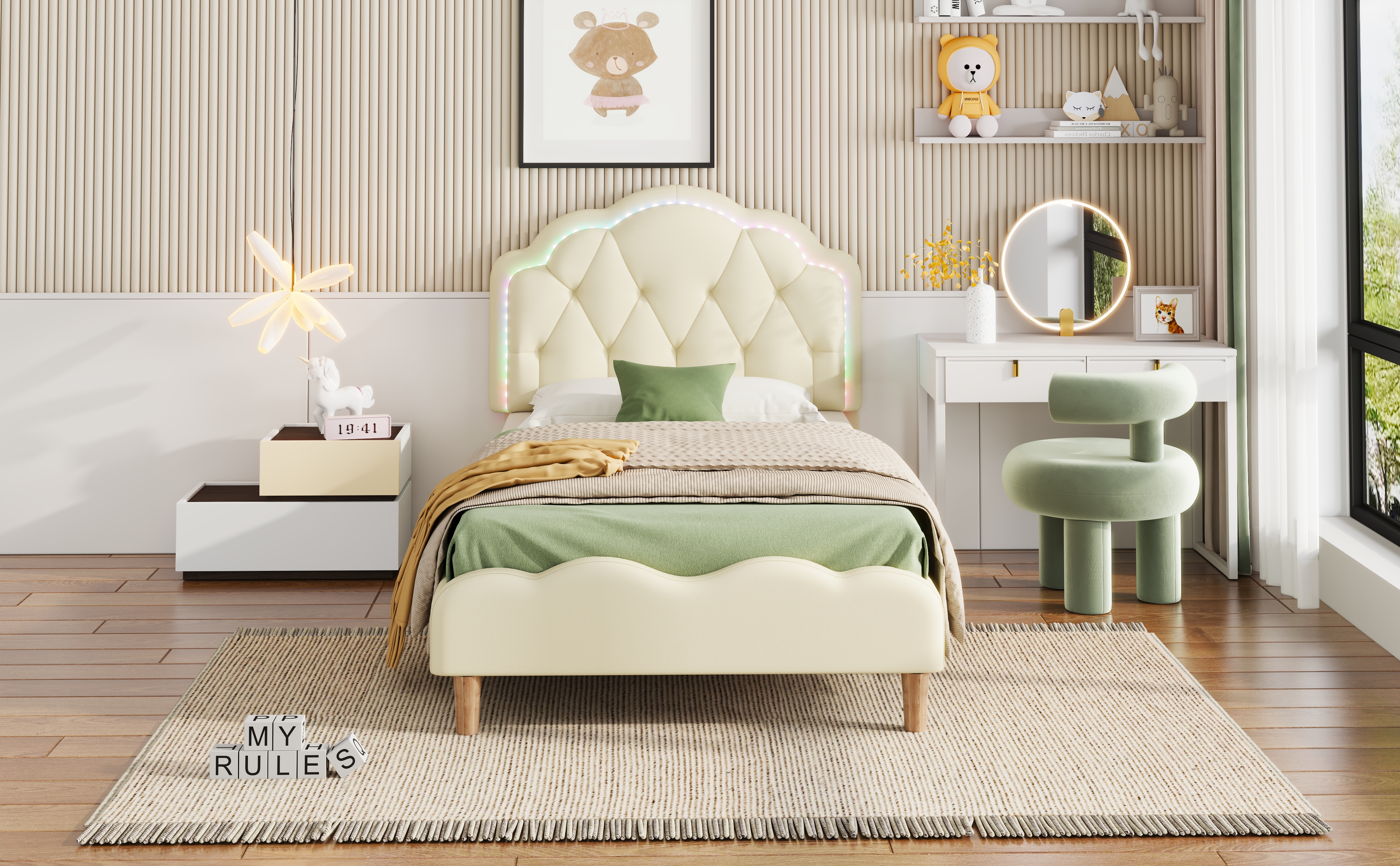 Lit enfant en PU avec LED multicolores effet course, tête ondulée avec boutons, pour chambre d'enfant, ambiance ludique, design élégant, confort, facile entretien, style moderne, fonctionnalité - image 8