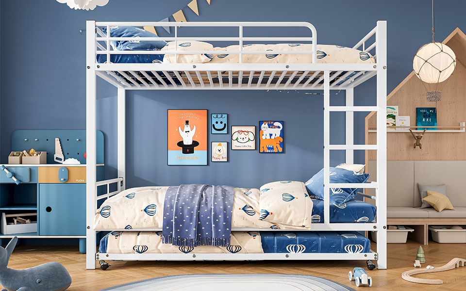 Lit superposé avec lit escamotable, pour matelas 90×200 et 90×190 cm, 4 barrières sécurité, échelle 3 marches, pour chambre d'enfant, gain de place vertical, accès sûr, design stable, style fonctionnel - image 3