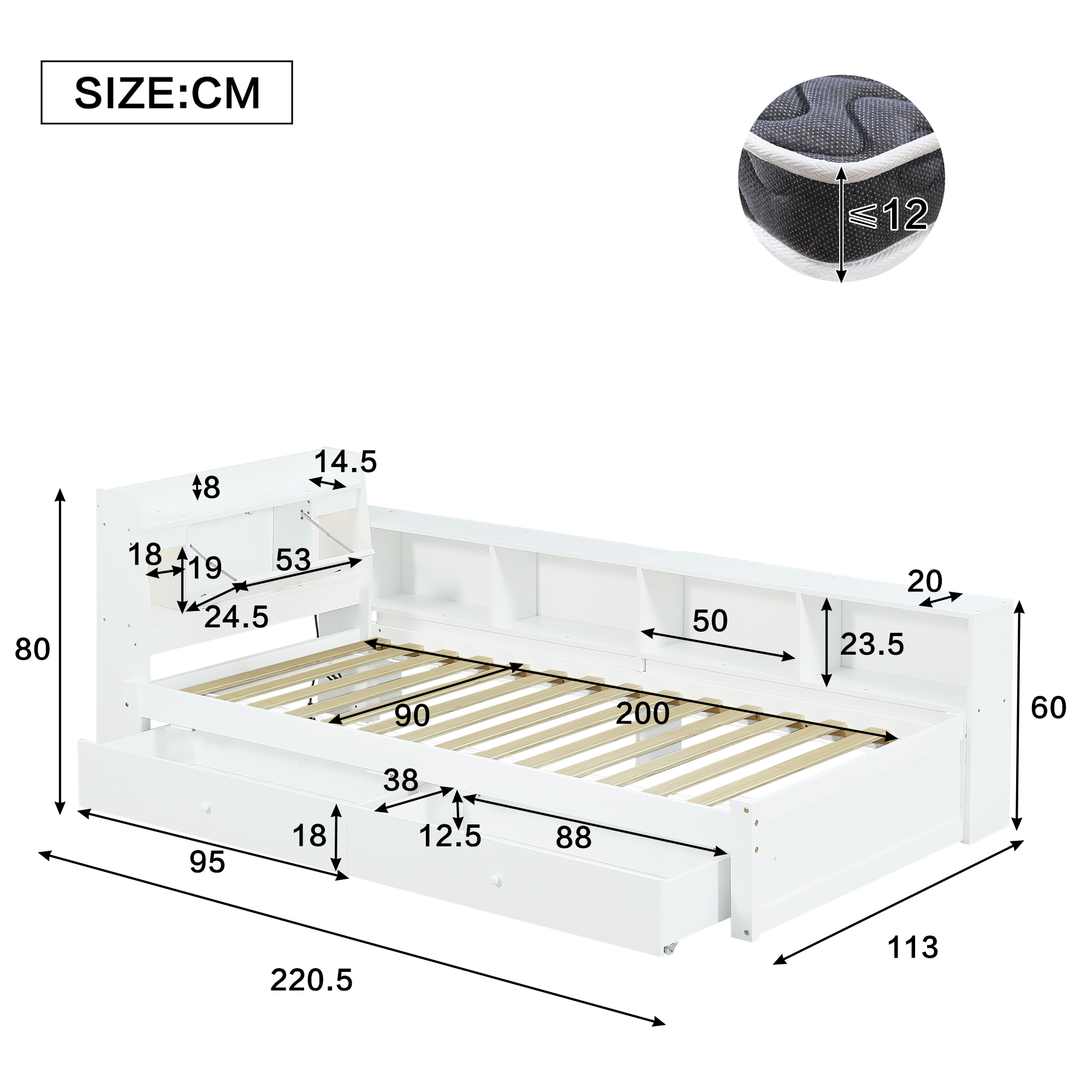 Lit simple 90 x 200 cm 220,5x113x80 cm avec rangements en bois massif et MDF blanc - points forts 1