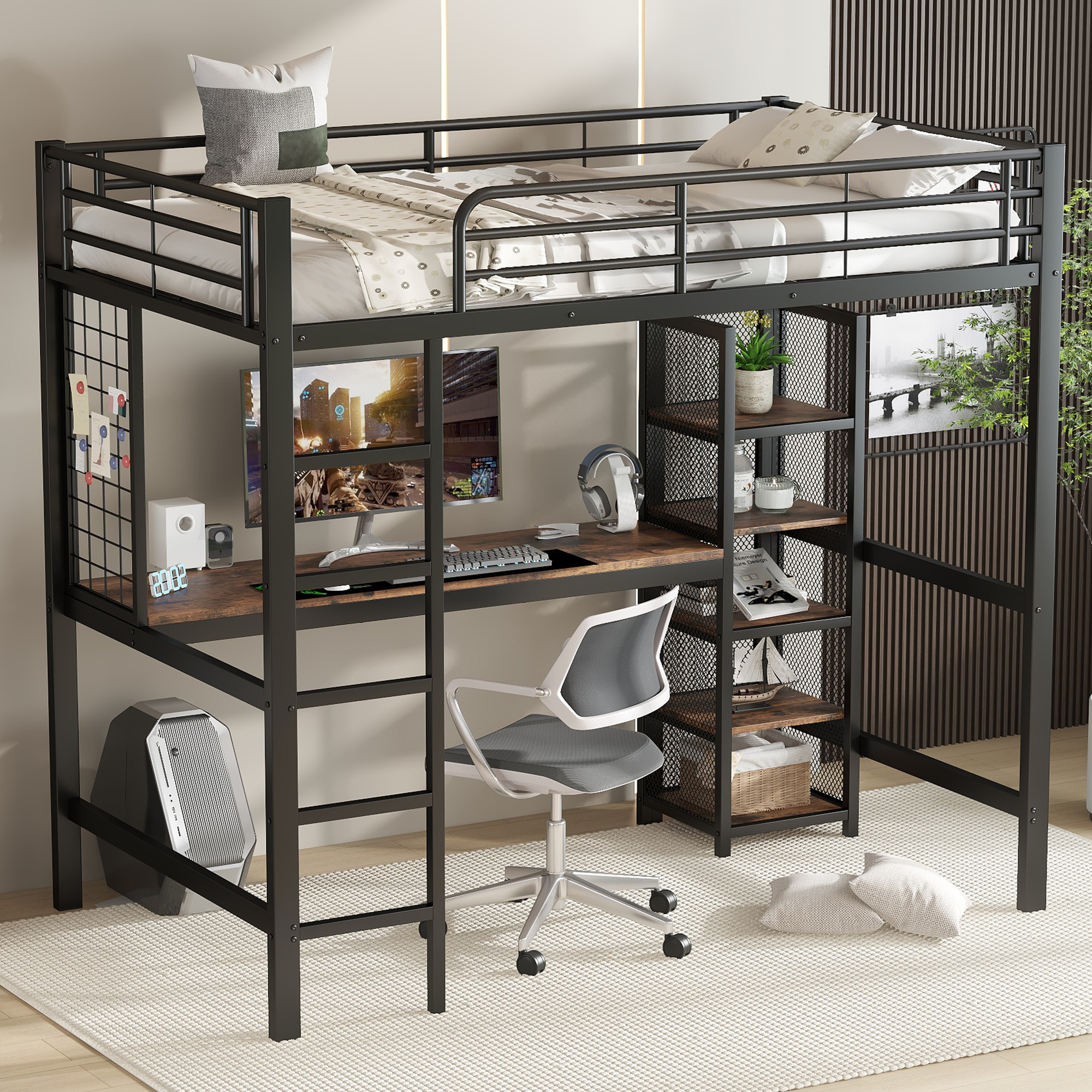 Hochbett, Eisenbett, Eisen + MDF, Mit Tisch und Re