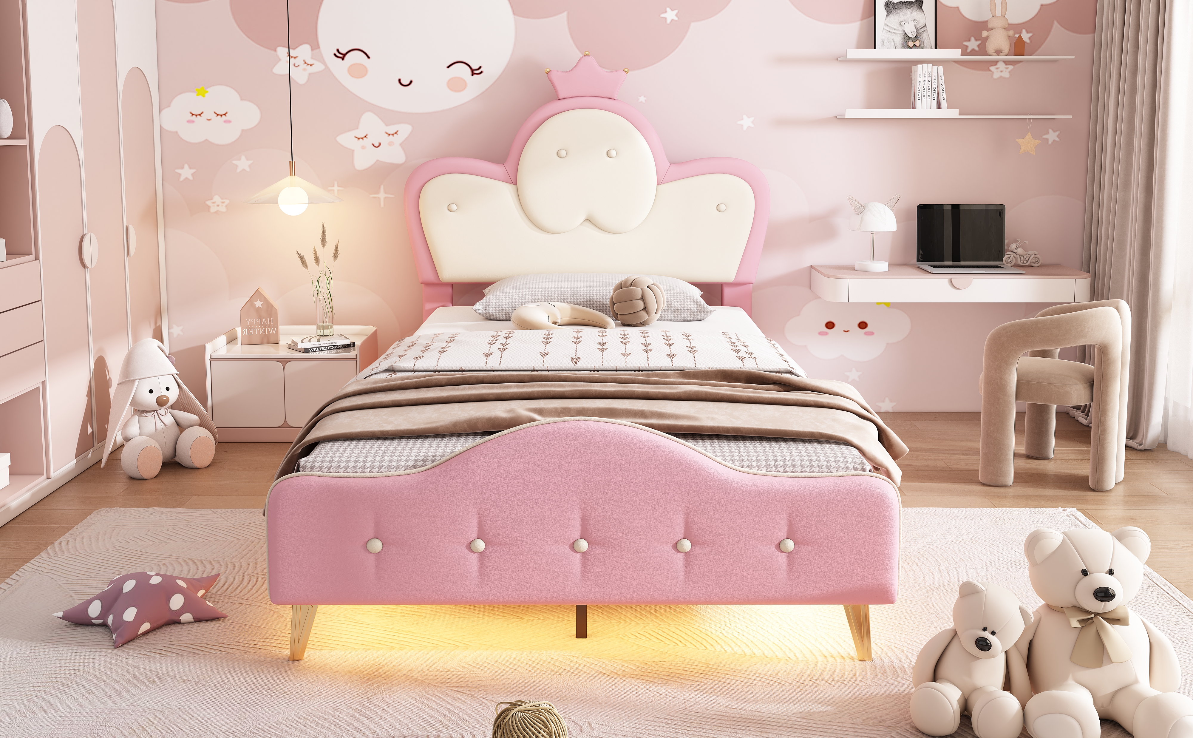 Lit enfant capitonné en PU rose et blanc avec tête de lit couronne et LED, 90x200 cm 6