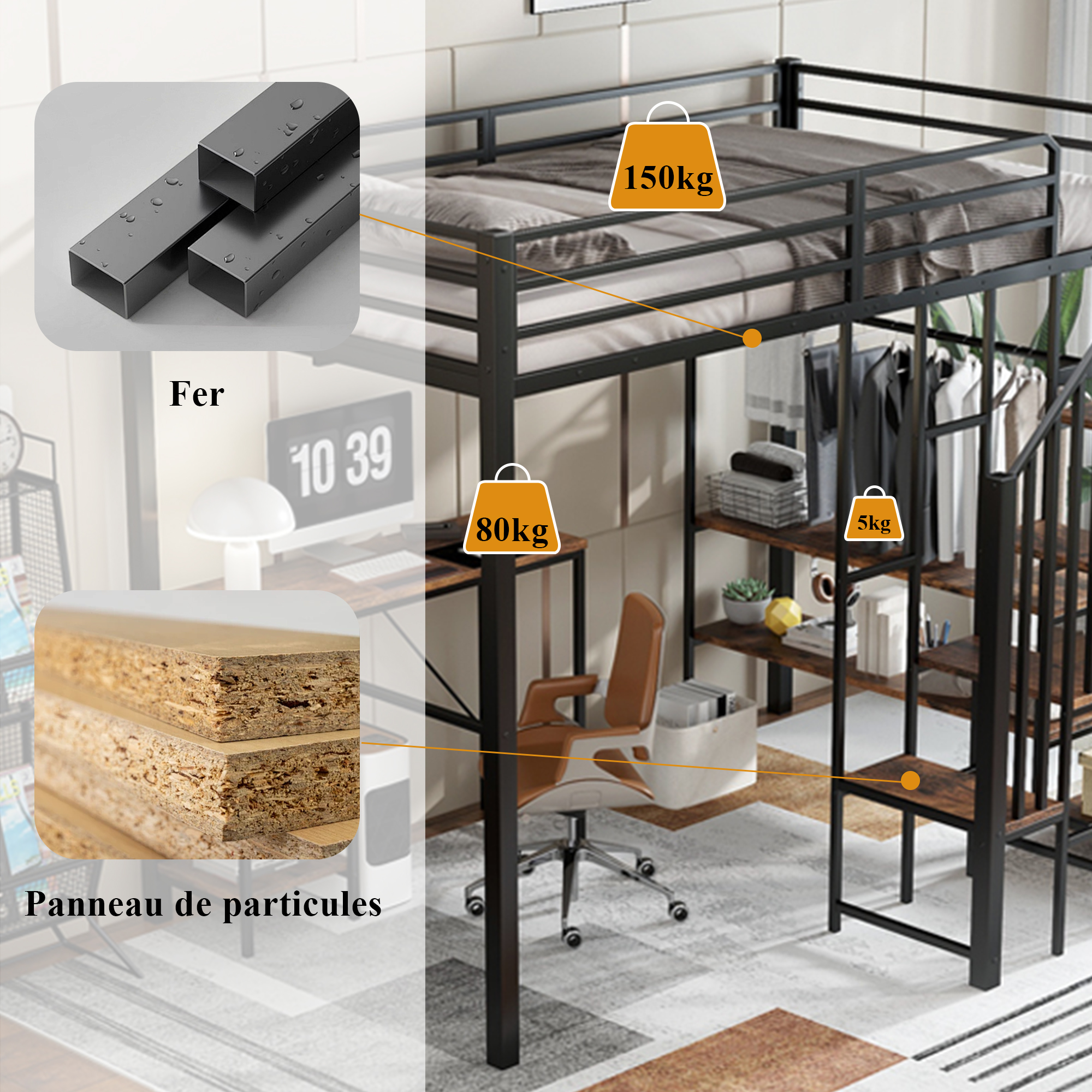 Lit mezzanine en fer avec bureau, étagères ouvertes, penderie ouverte latérale avec tringle, échelle-coffre 4 marches, pour chambre et étude, beaucoup de rangement, utilisation polyvalente, stabilité, fonctionnalité - image 7