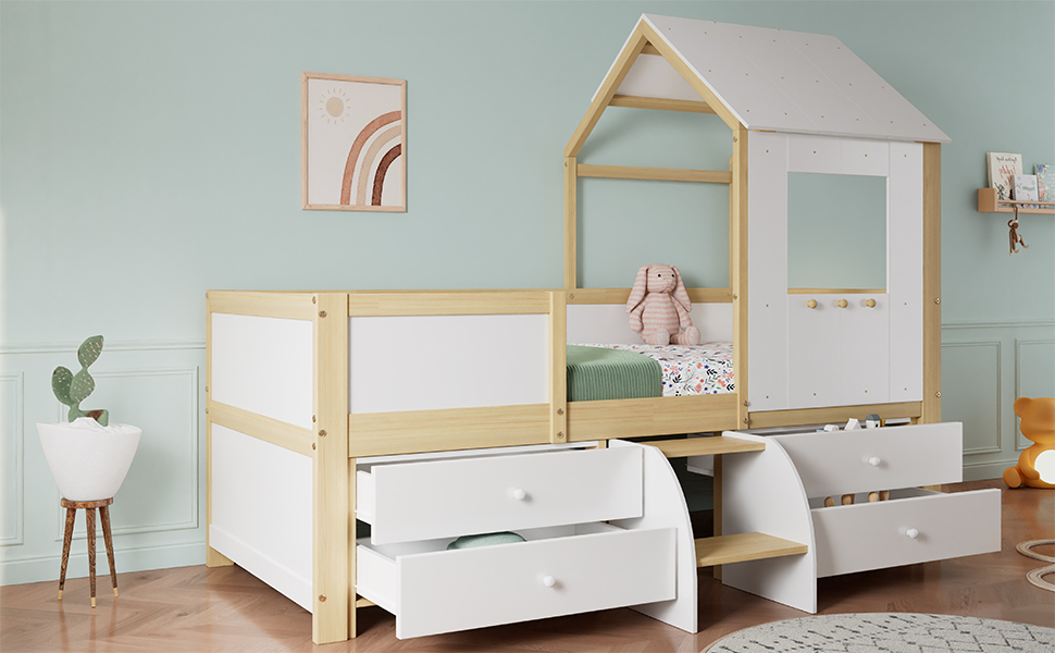 Lit enfant design maison rangement tiroirs