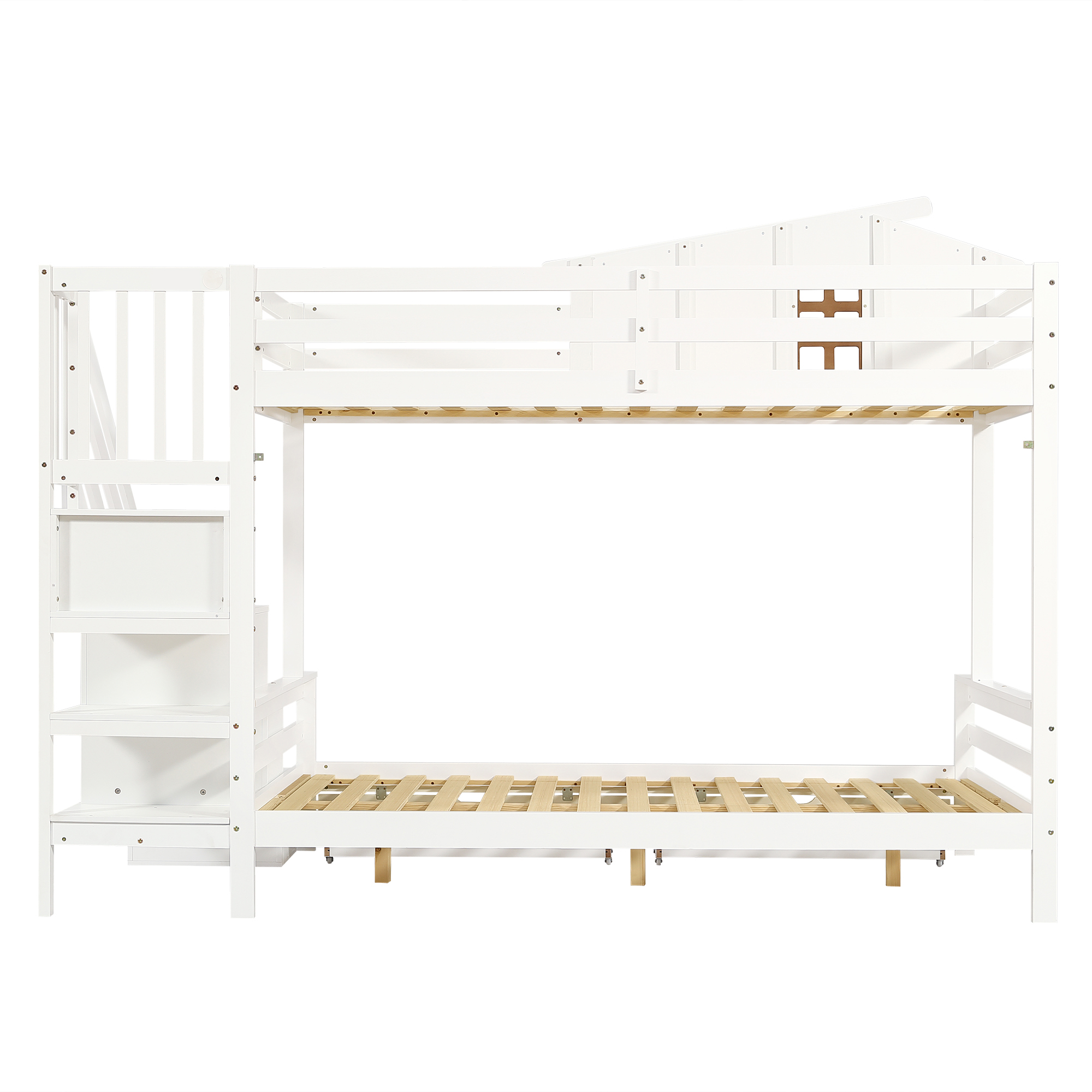 Lit superposé enfant pin/MDF/contreplaqué avec 2 tiroirs à roulettes, échelle-coffre d'angle, fenêtres exquises, pour chambre d'enfant, beaucoup de rangement, sécurité, design charmant, stabilité, durabilité - image 15