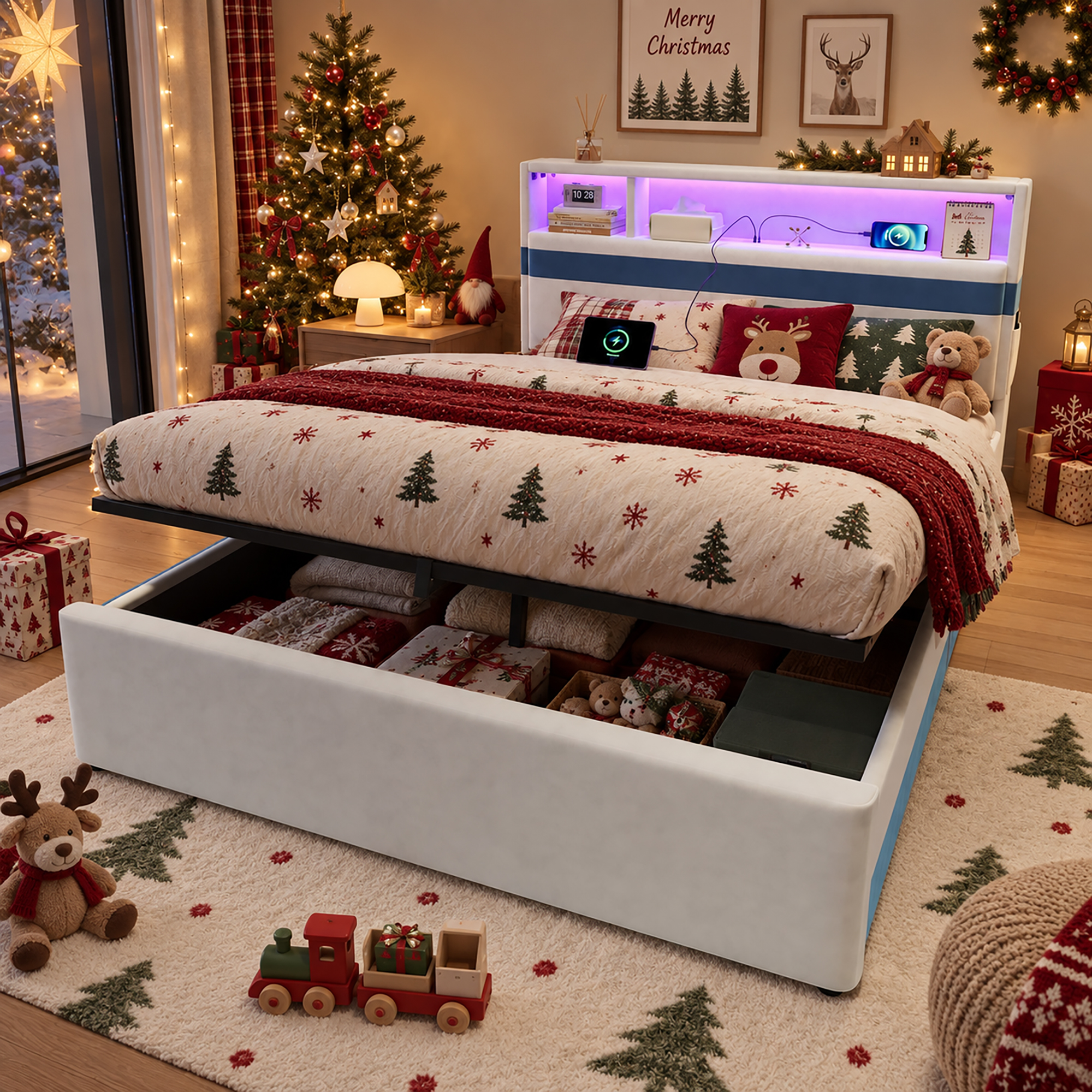 Vue complémentaire du lit coffre 140 × 200 cm blanc et bleu avec led et usb