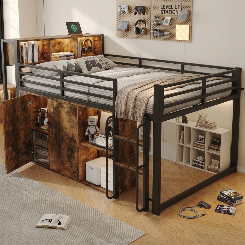 Détail du lit mezzanine noir et bois 120 × 200 cm avec armoire