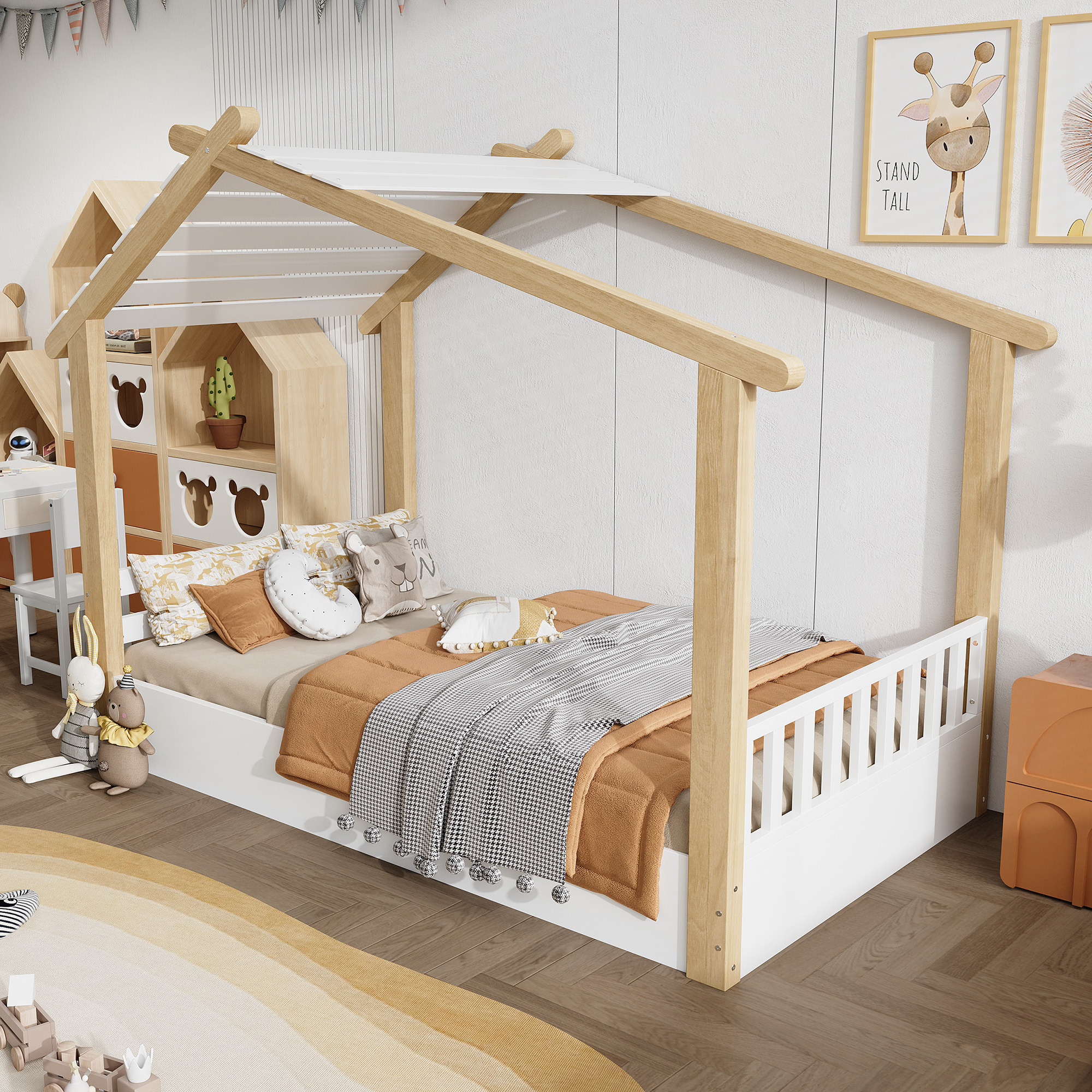 Lit enfant bois en forme de maison, pin et MDF, blanc et naturel, 90x200 cm 2