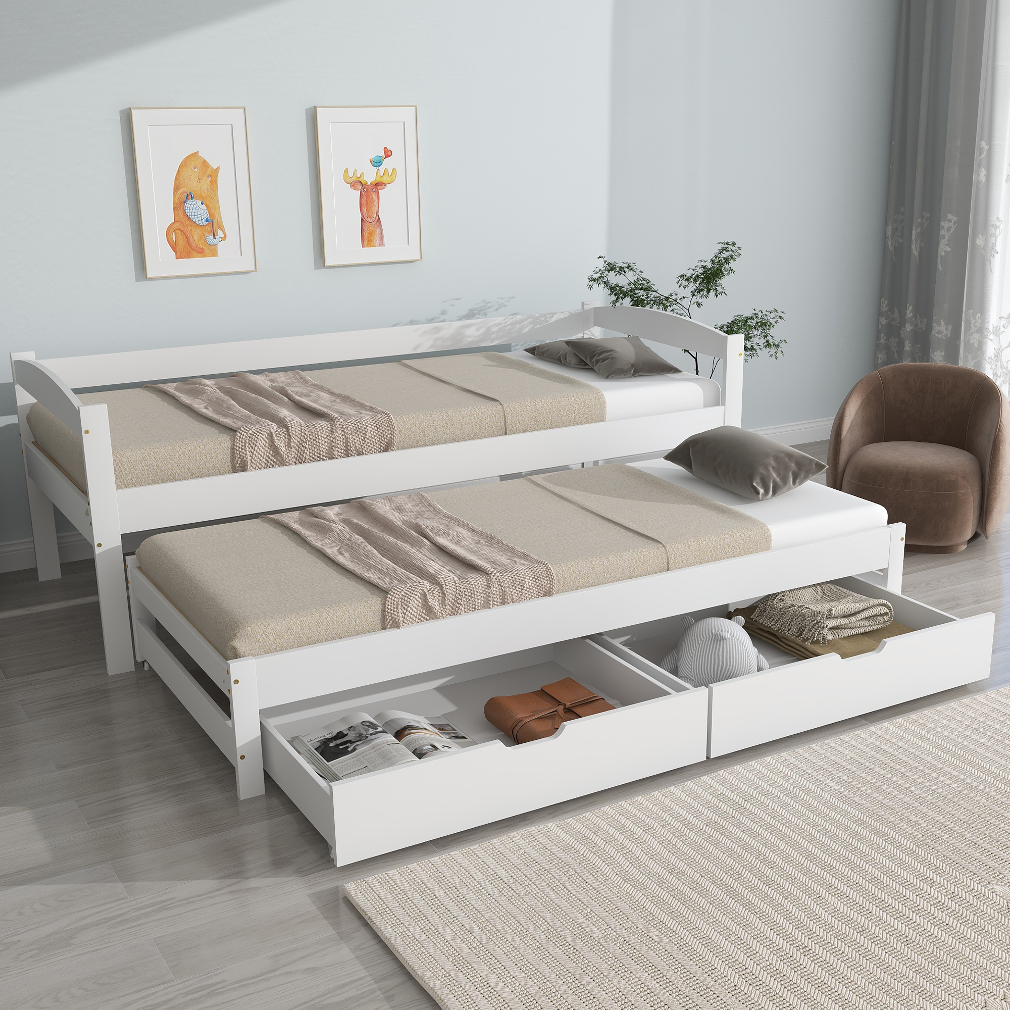 Lit jour extensible 90x200 blanc bois massif tiroir rangement