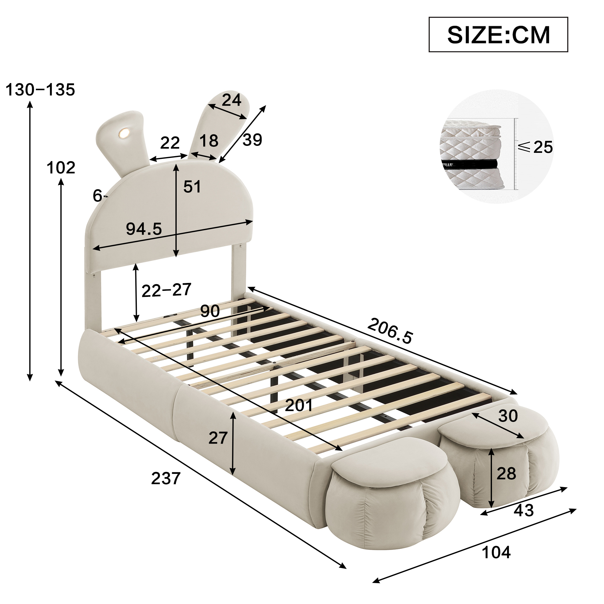 Dimensions du lit rembourré