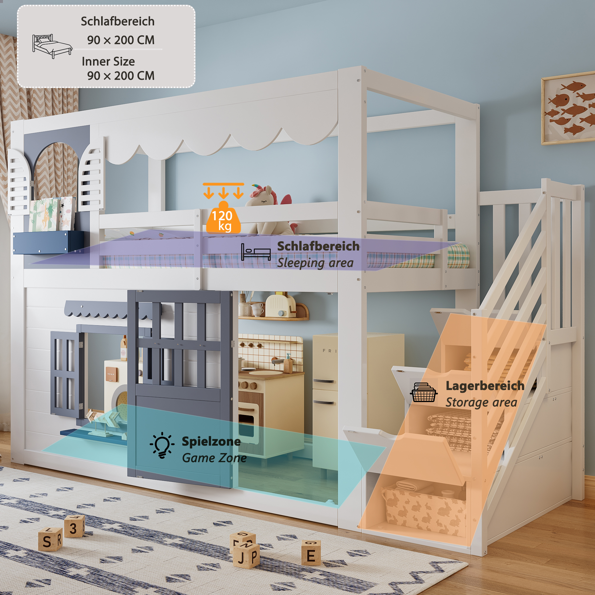 Lit Maison pour Enfant 90×200 cm – Rangement & Espace de Jeu – Dimensions et caractéristiques du couchage