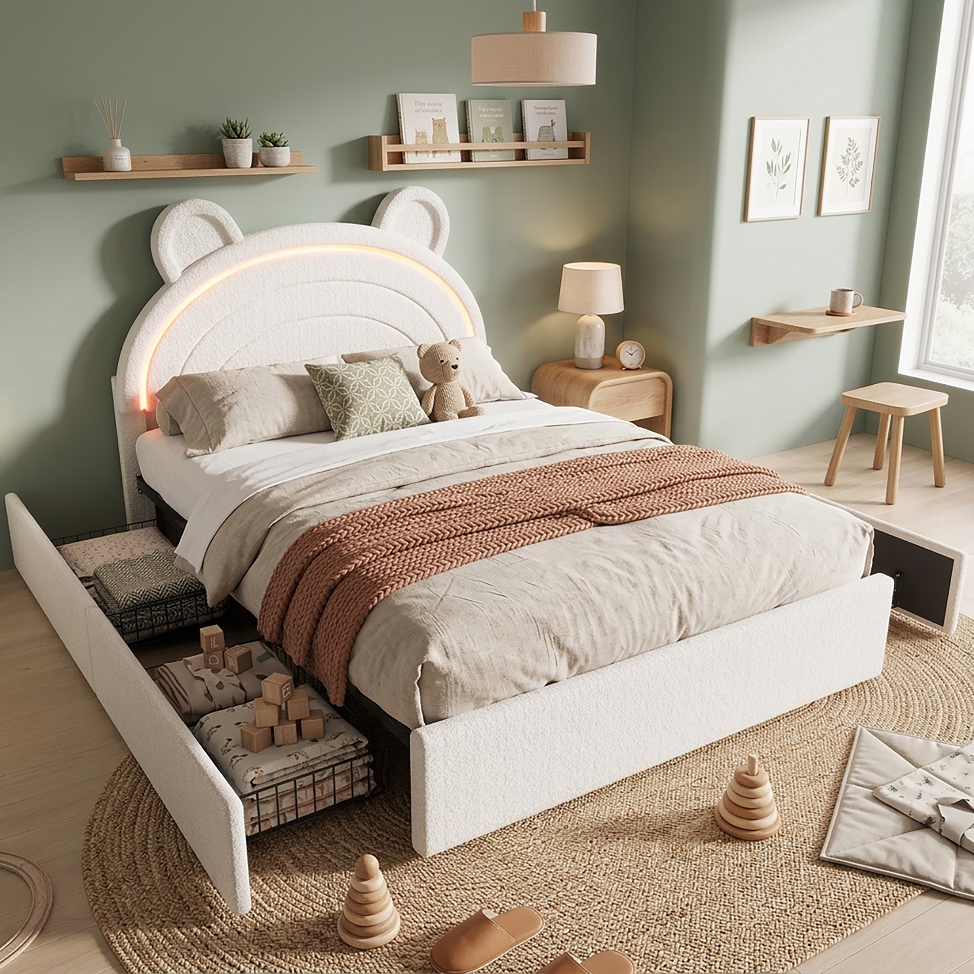 Détail du lit enfant beige avec éclairage LED