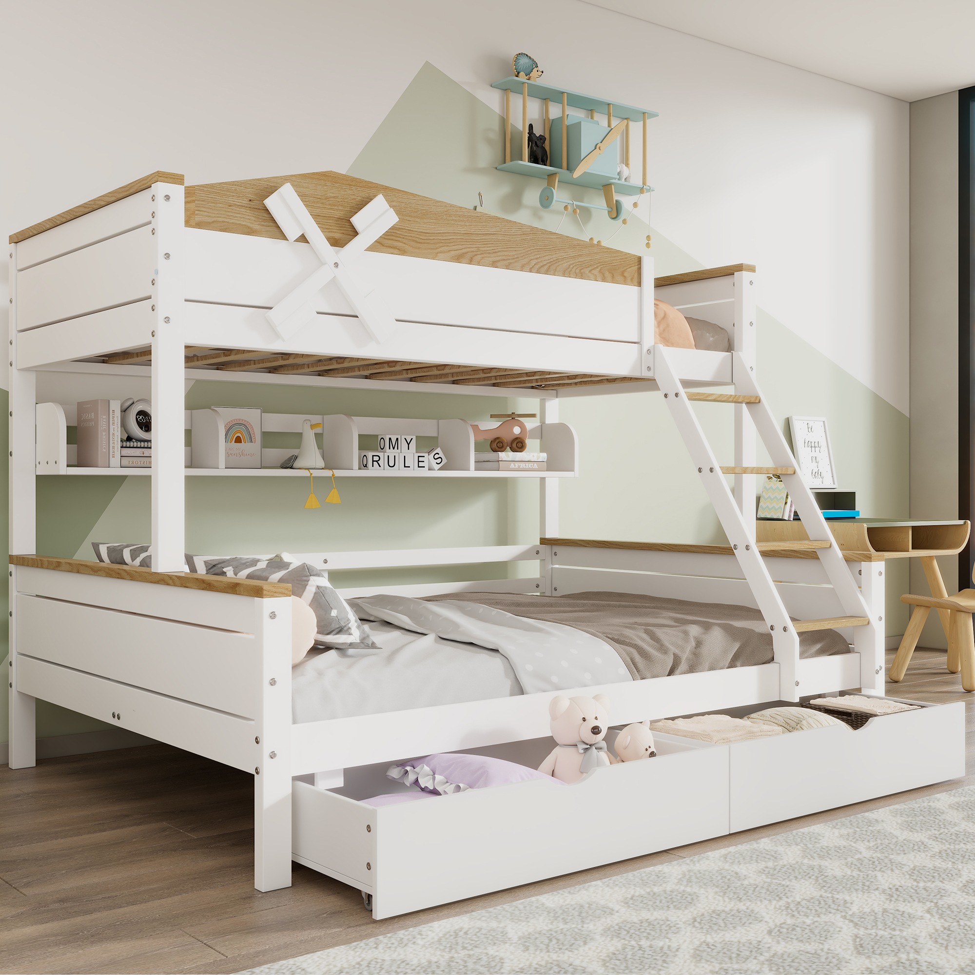 Etagenbett mit Windmühle, mit Regalen, Kinderbett,