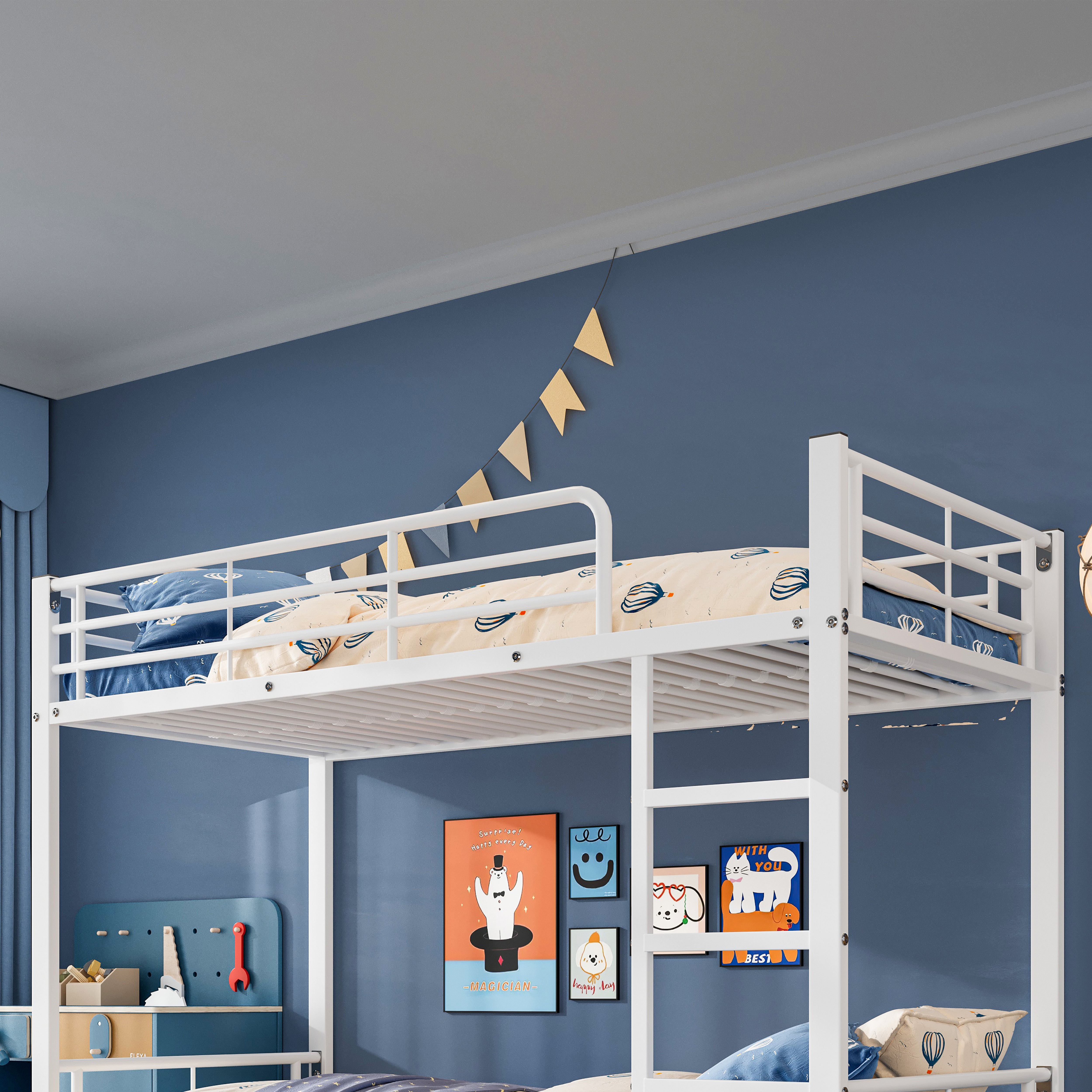 Lit superposé avec lit escamotable, pour matelas 90×200 et 90×190 cm, 4 barrières sécurité, échelle 3 marches, pour chambre d'enfant, gain de place vertical, accès sûr, design stable, style fonctionnel - image 14