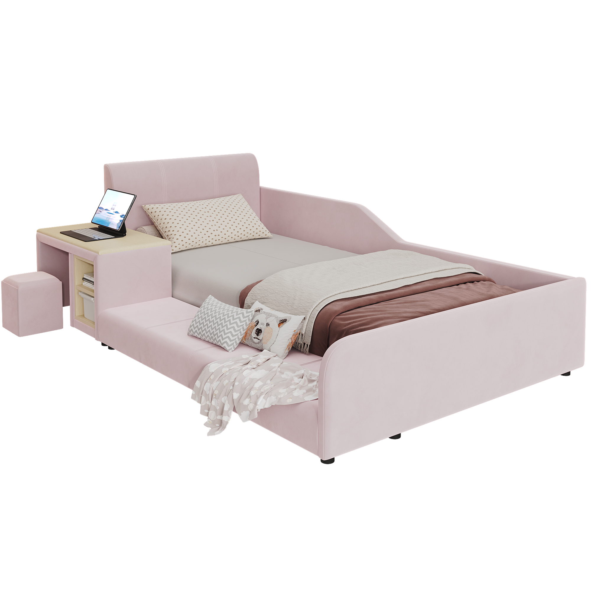 Lit rembourré 90 x 200 cm avec éclairage LED, rangements intégrés, bureau intégré, tabouret, rose - points forts 1