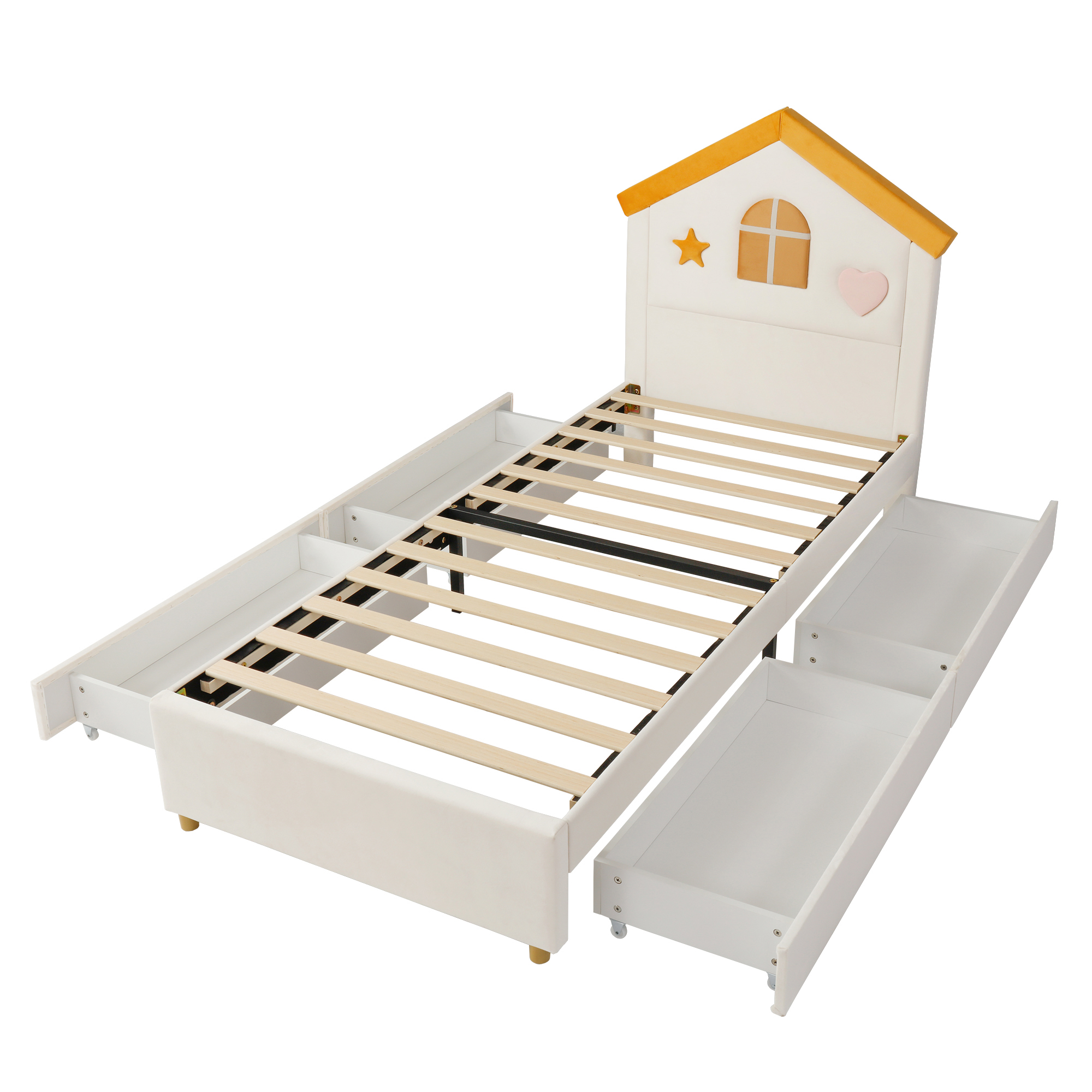 Lit cabane 90 x 200 cm avec 4 tiroirs, LED, ports de charge, velours, Beige - dimensions et détails