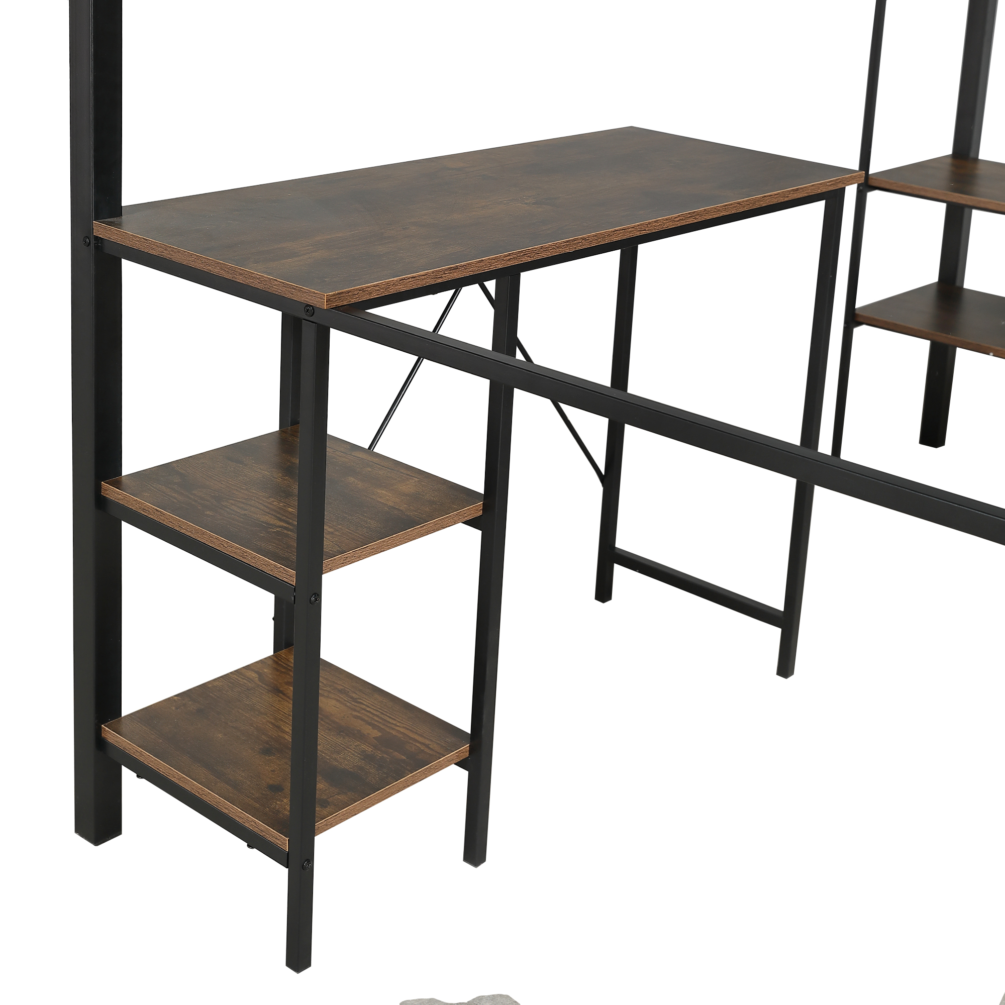 Lit mezzanine en fer avec bureau, étagères ouvertes, penderie ouverte latérale avec tringle, échelle-coffre 4 marches, pour chambre et étude, beaucoup de rangement, utilisation polyvalente, stabilité, fonctionnalité - image 22