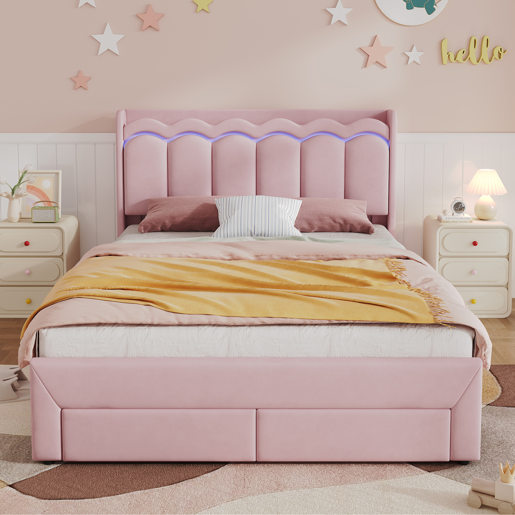 Détail du lit enfant rose avec rangement et éclairage LED