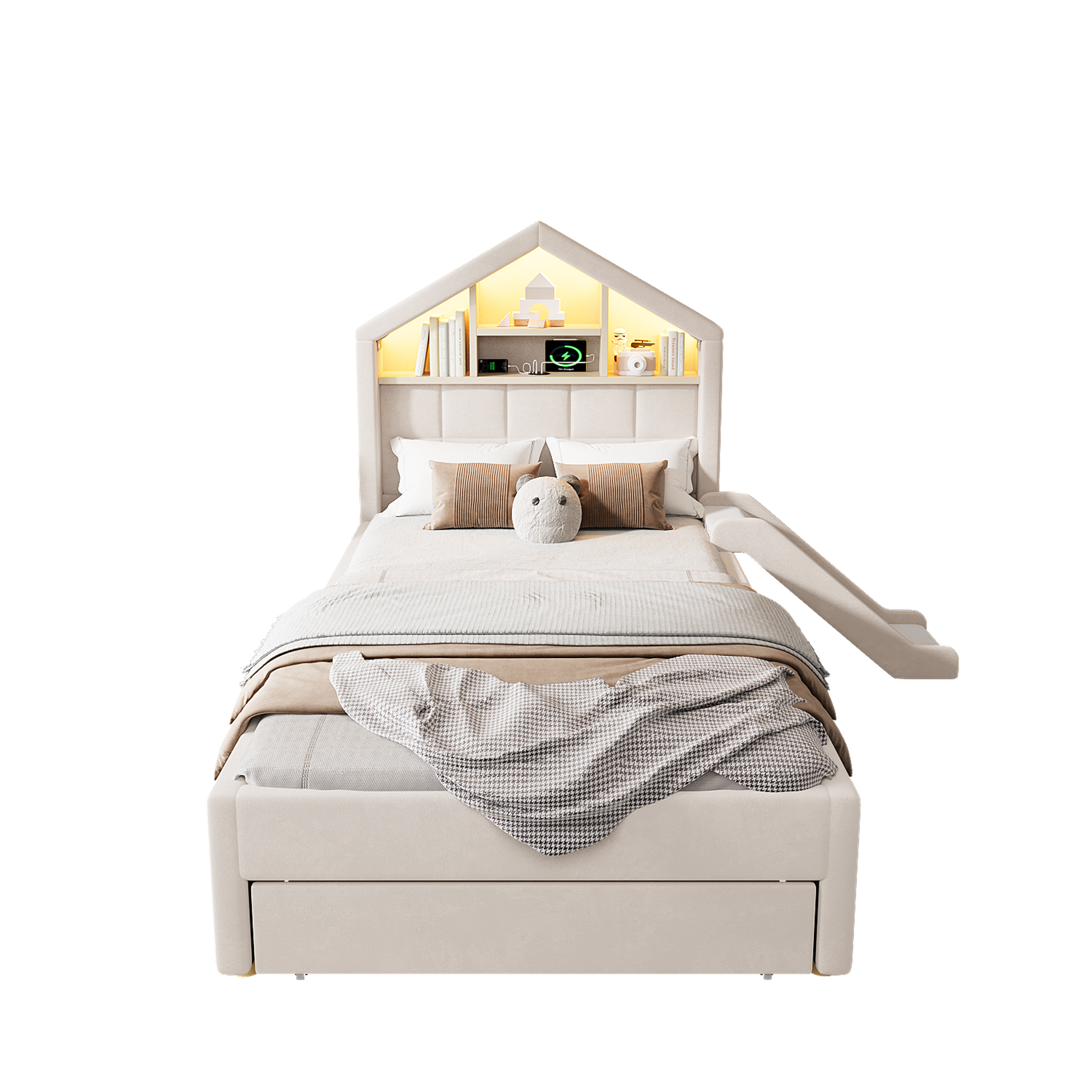Lit cabane 90 x 200 cm avec échelle, toboggan, LED, ports de charge, velours, Beige - fonctions