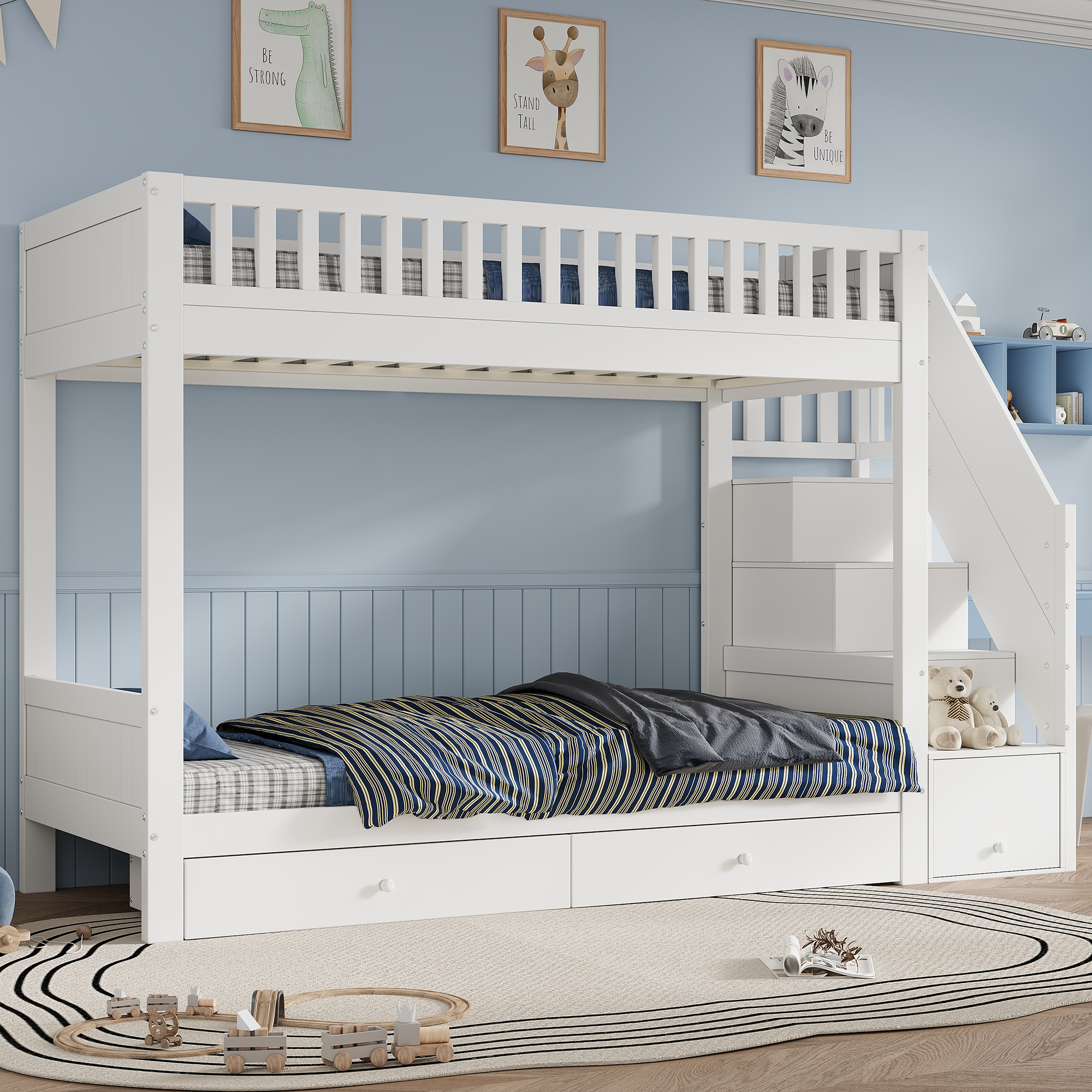 Lit superposé 90 x 200 cm / 95 x 165 cm avec 2 tiroirs, escalier avec rangement, LED, bois massif et MDF, Blanc - vue principale