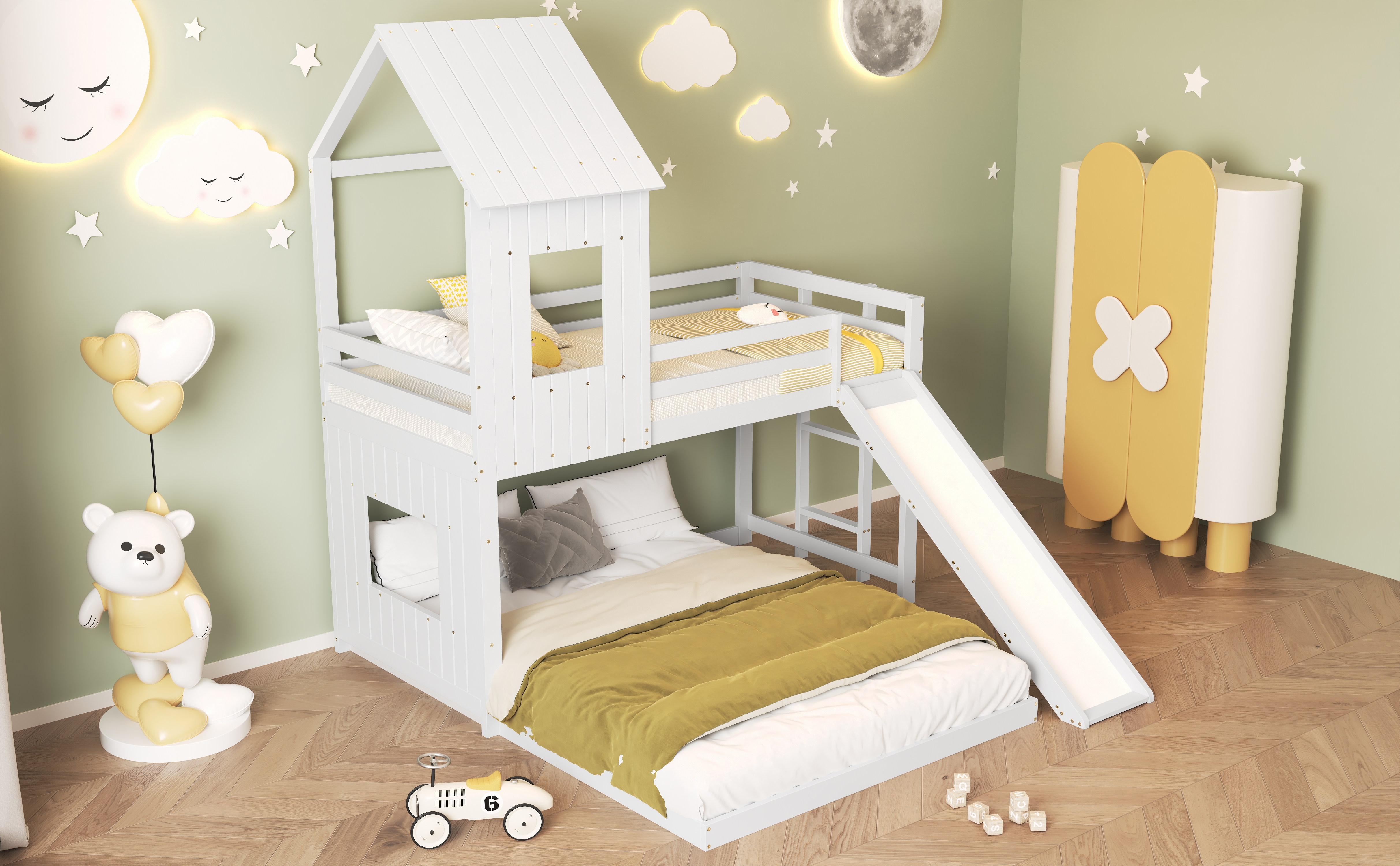 Lit superposé enfant avec toboggan, toit et fenêtres, pin et MDF, blanc, 90x200 et 140x200 cm 5
