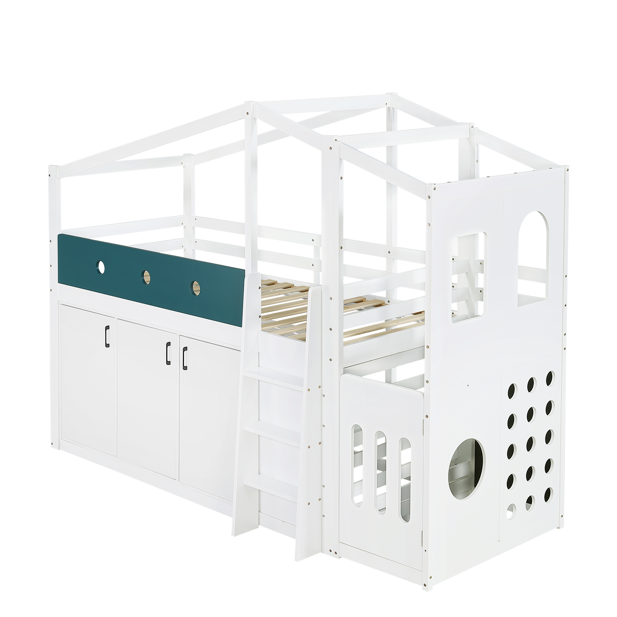 Lit mezzanine 90 x 200 cm avec bureau, échelle, LED, ports de charge, bois massif et MDF, Blanc - fonctions