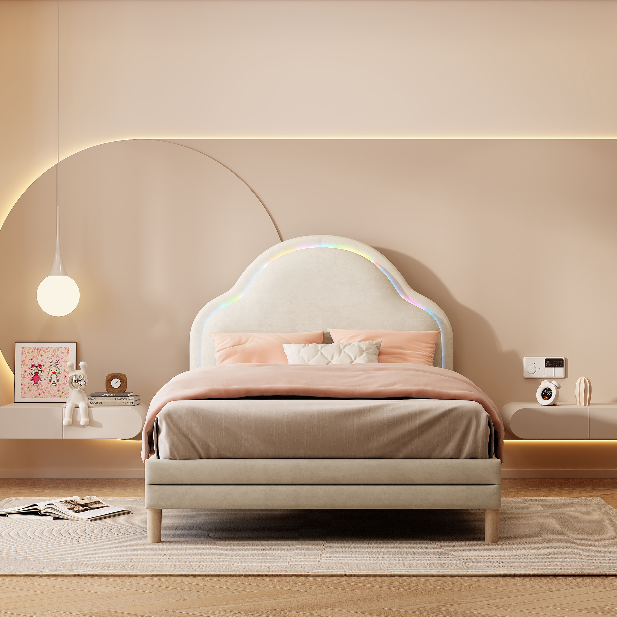 Lit capitonné en velours beige avec tête de lit nuage et LED multicolore, 90x200 cm 1
